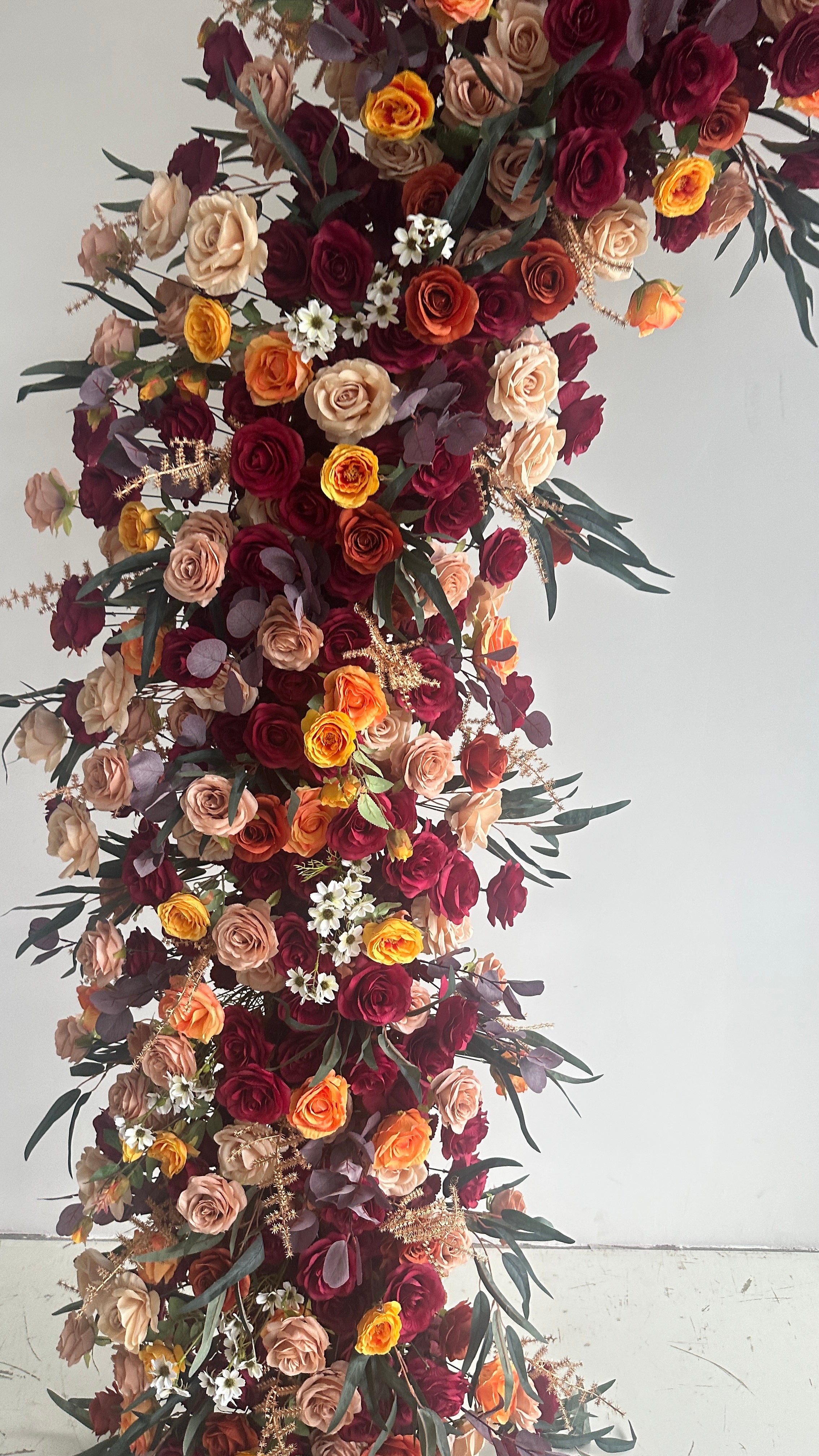 ValarFlower Luxury Artificial Wedding Arch, Burgundy & Orange Faux Flower Ceremony Backdrop, Romantic Outdoor Garden Wedding Decor, Floral Entrance Installation VA-412