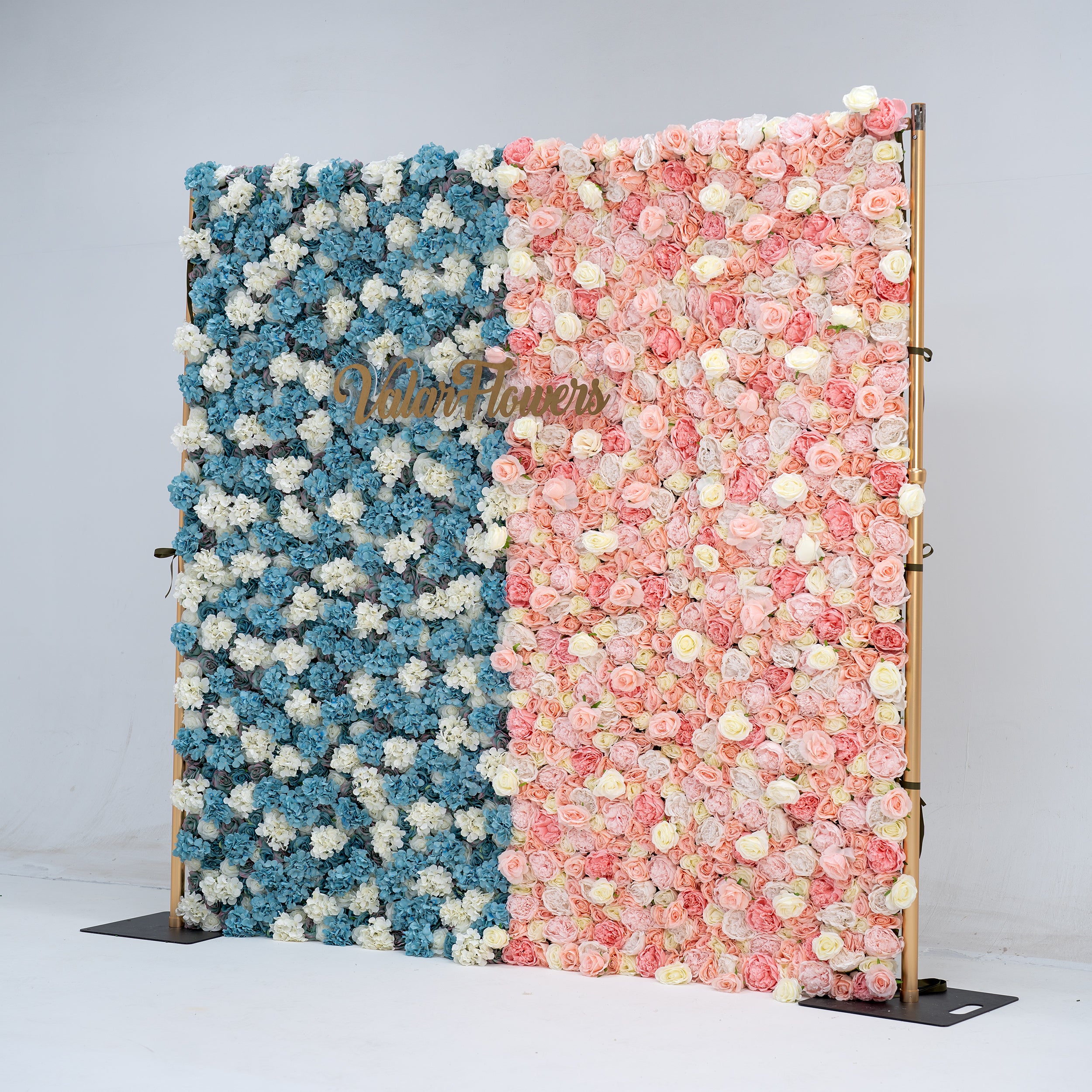Toile de fond murale de fleurs pour fête prénatale, mur de fleurs en tissu enroulé bleu et rose, décor de fête et de célébration pour révéler le genre 