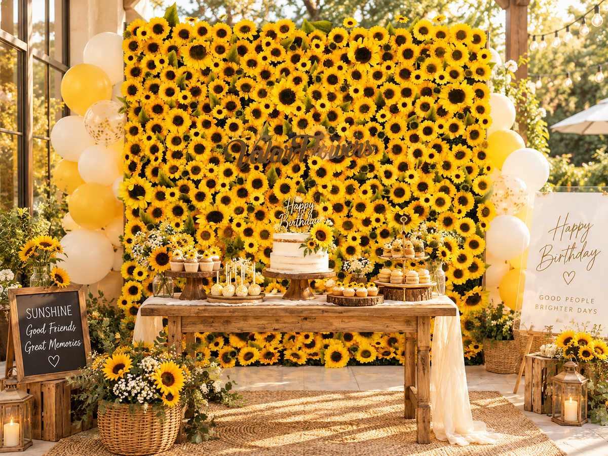 ValarFlowers Toile de fond murale florale artificielle : Sunbliss Blooms Toile de fond murale florale artificielle - Champs de tournesol jaunes radieux Edition-VF-265-2