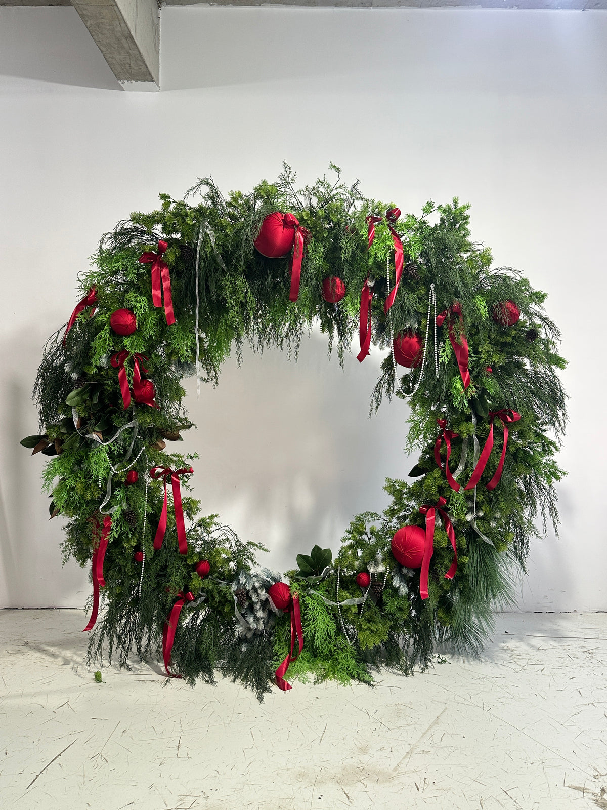 ValarFlower Christmas Greenery Wreath Arch, Red Ornament Holiday Floral Decor for Christmas Party and Event Styling VA-417