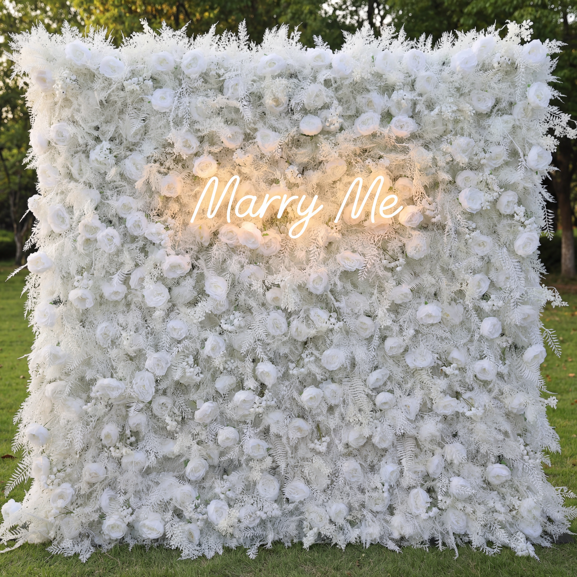 Valar Flowers Snowy White Floral Wall with Frosty Fern Accents: Capturing Winter's Essence for Luxe Events VF-202
