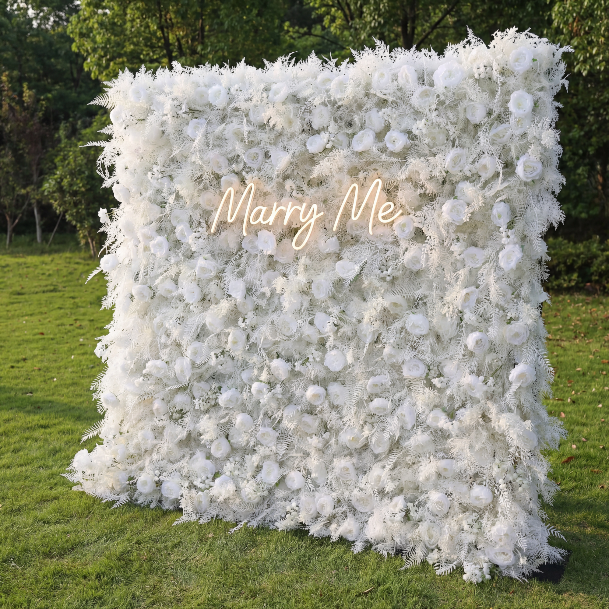 Valar Flowers Snowy White Floral Wall with Frosty Fern Accents: Capturing Winter's Essence for Luxe Events VF-202