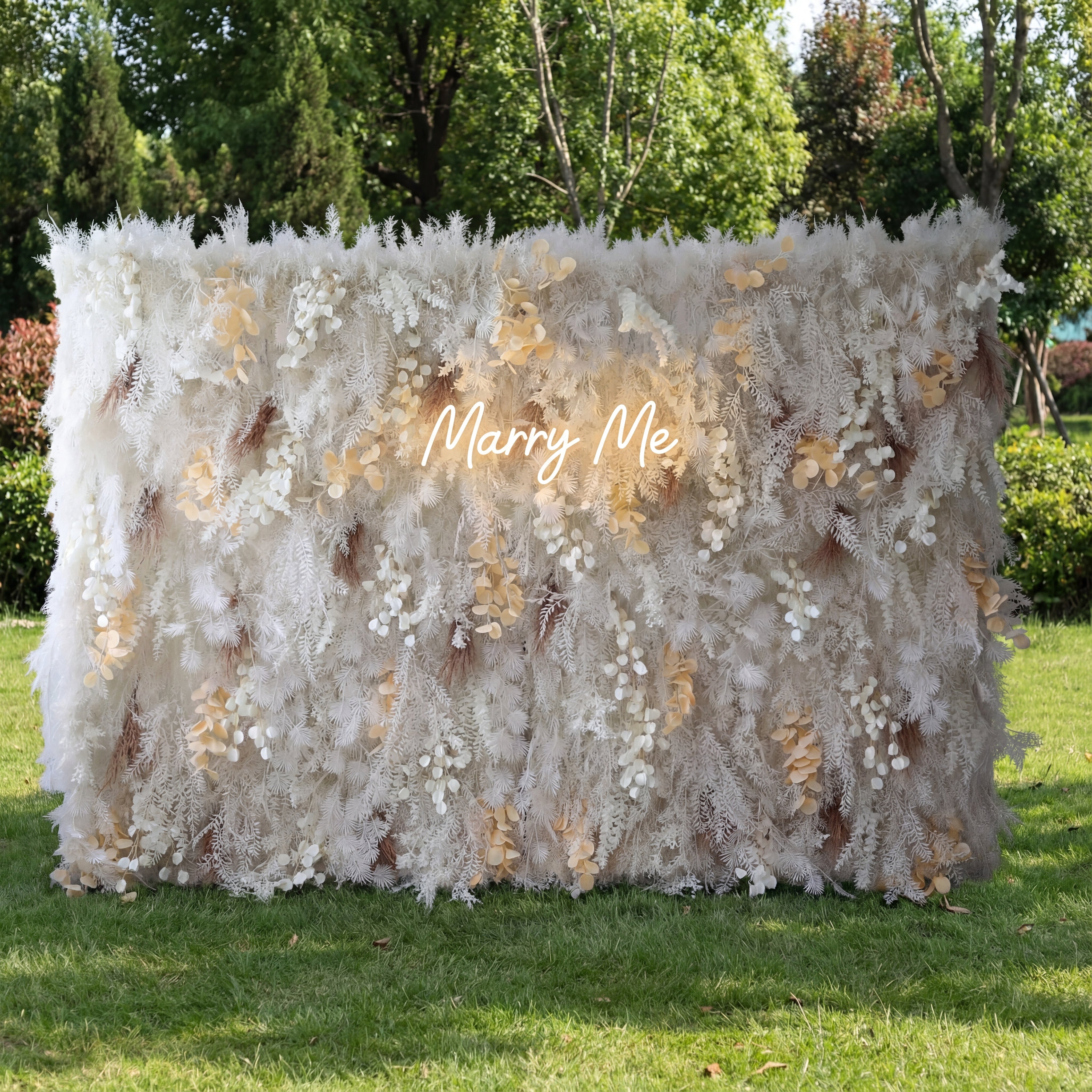 Valar Flower Unveils: The Enchanted Snowscape – A Majestic Artificial Fabric Flower Wall of Wintry Whites and Golden Blooms-VF-208