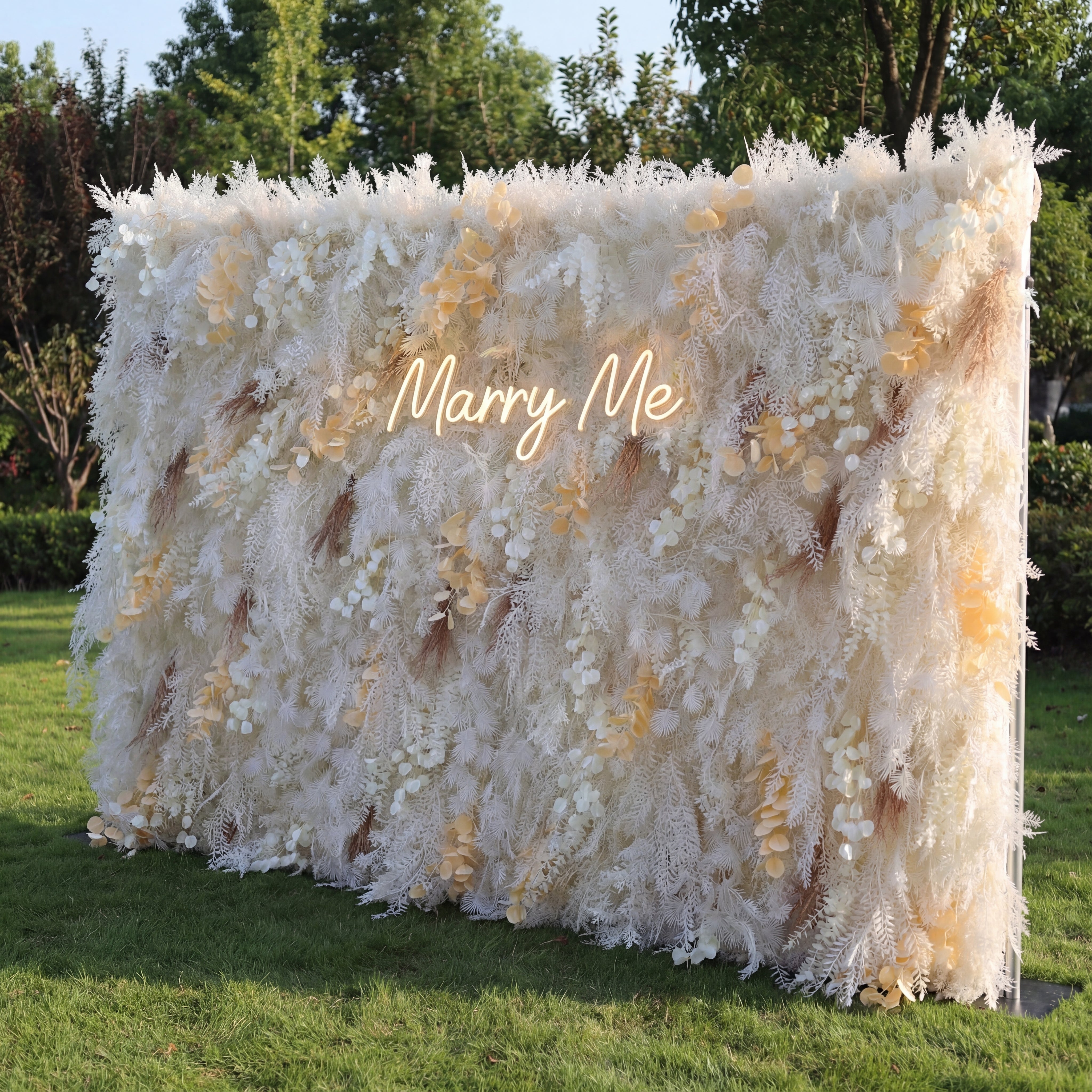 Valar Flower Unveils: The Enchanted Snowscape – A Majestic Artificial Fabric Flower Wall of Wintry Whites and Golden Blooms-VF-208