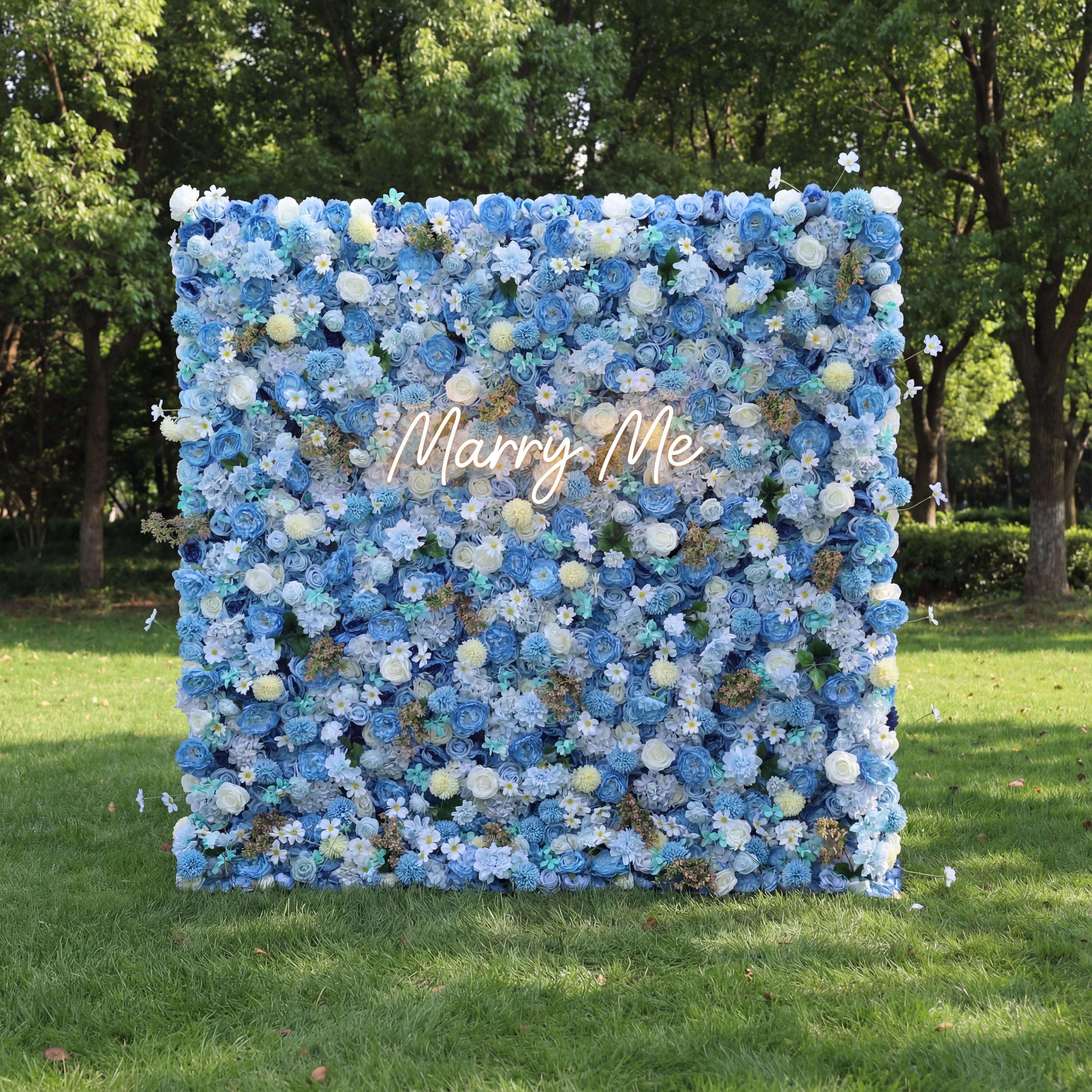 Valar Flowers Introduces: Azure Harmony – A Serene Symphony of Blue & Pale Yellow Fabric Blooms – Ideal Floral Wall for Nautical Themes, Events & Tranquil Interior Ambiances-VF-219-2