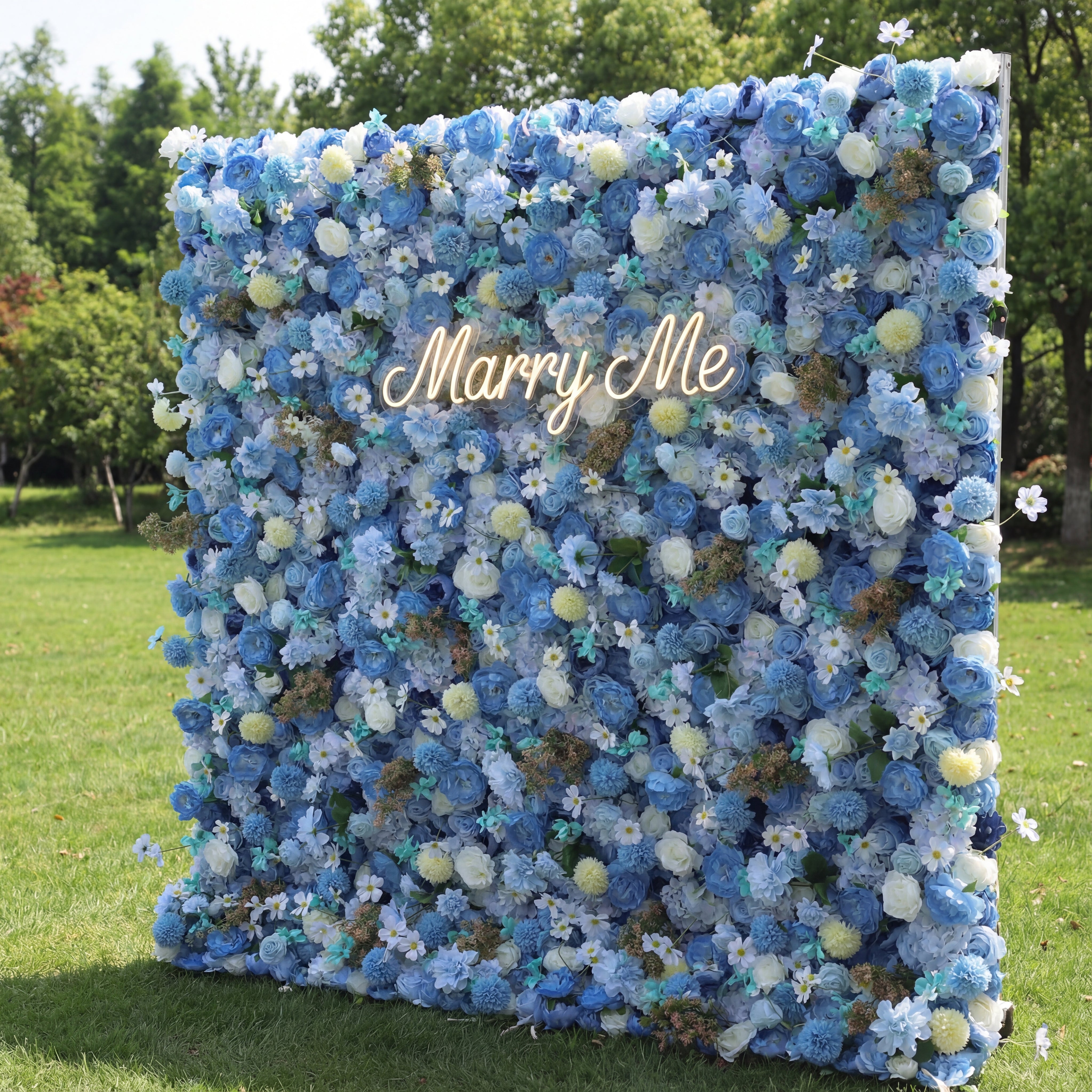 Valar Flowers Introduces: Azure Harmony – A Serene Symphony of Blue & Pale Yellow Fabric Blooms – Ideal Floral Wall for Nautical Themes, Events & Tranquil Interior Ambiances-VF-219-2