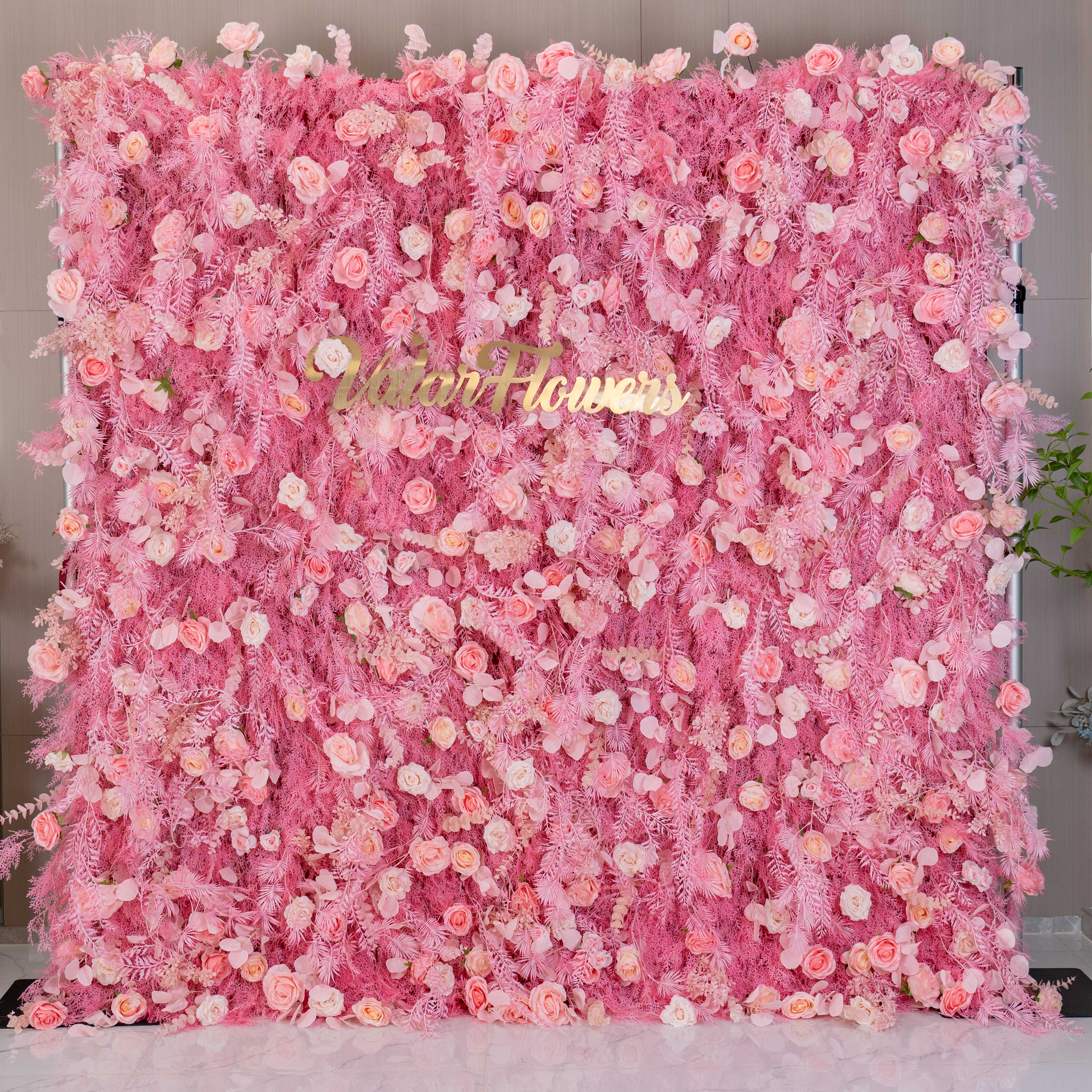 Blushing Pink Blossom Wall with Frosted Fern Accents: Romance Meets Whimsy for Sophisticated Celebrations-VF-202-4