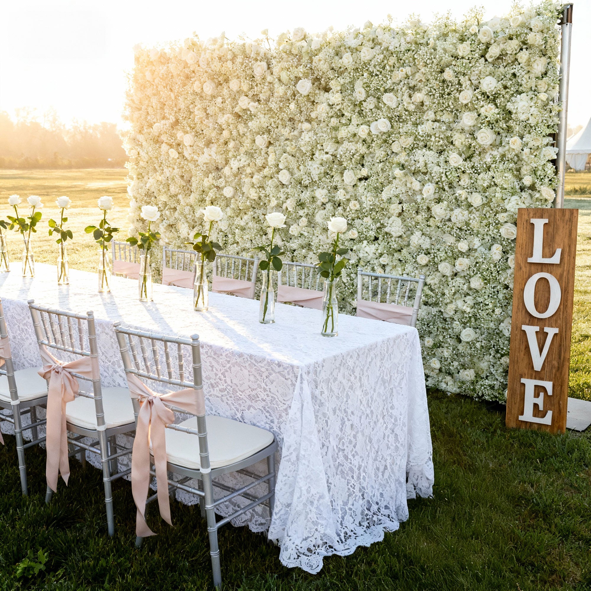 ValarFlowers Artificial Floral Wall Backdrop: Serene Meadows Artificial Floral Wall Backdrop: White Rose & Baby's Breath Edition-VF-268-2