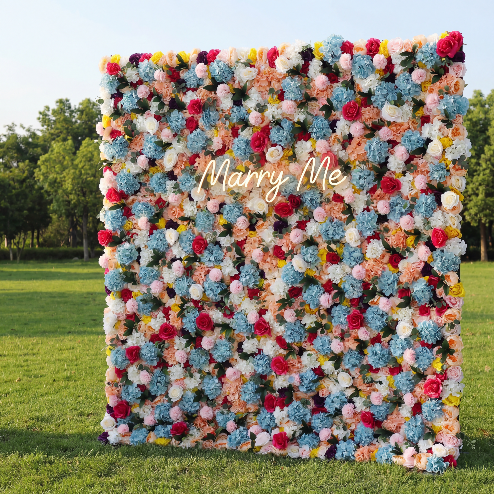 バラーフラワー人工フローラルウォールバックドロップ: ブルーミングスペクトラム - 鮮やかな色の交響曲 - VF-243