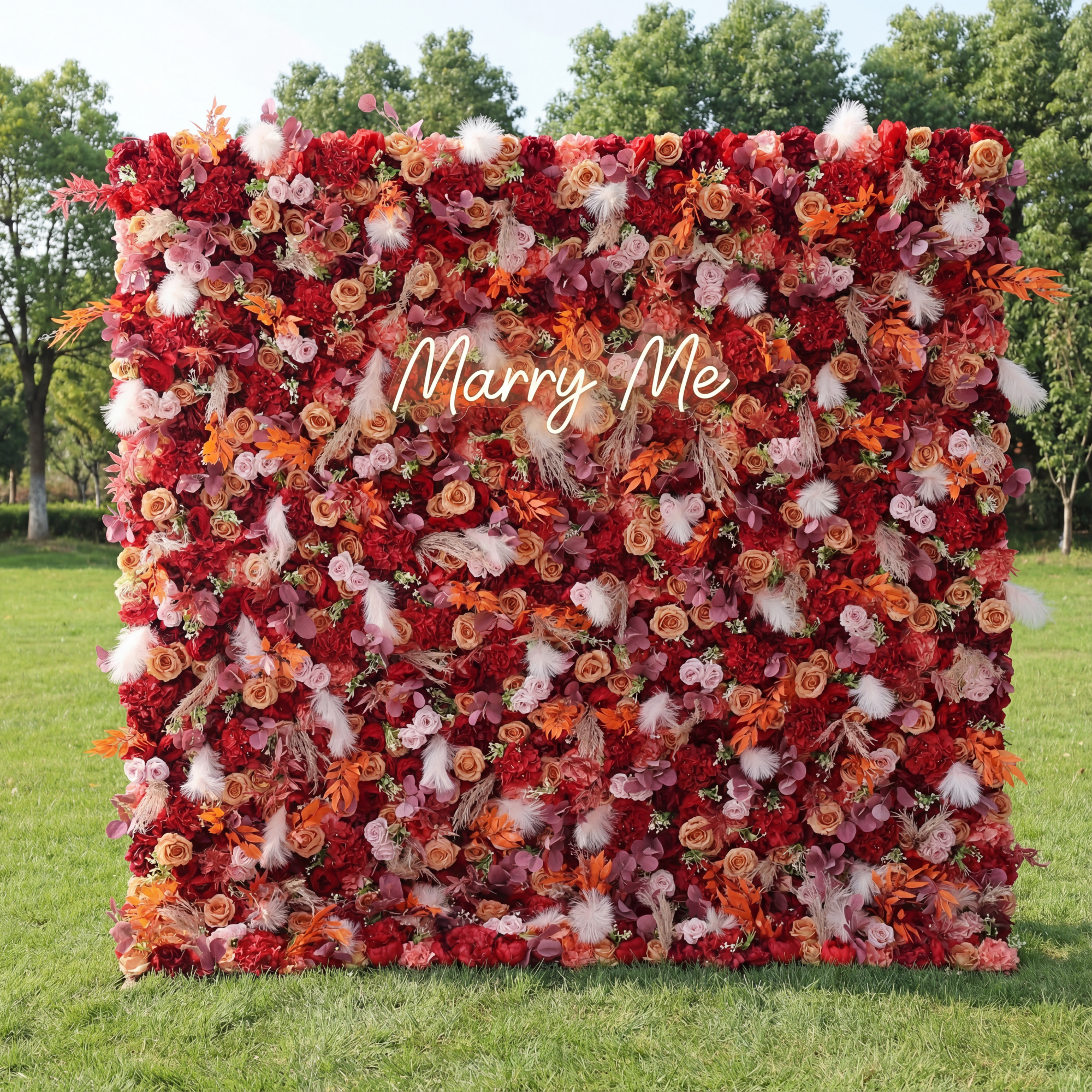 ValarFlower Artificial Floral Wall Backdrop: Fiery Florals - Passion's Palette & Feathers' Fantasy-VF-251