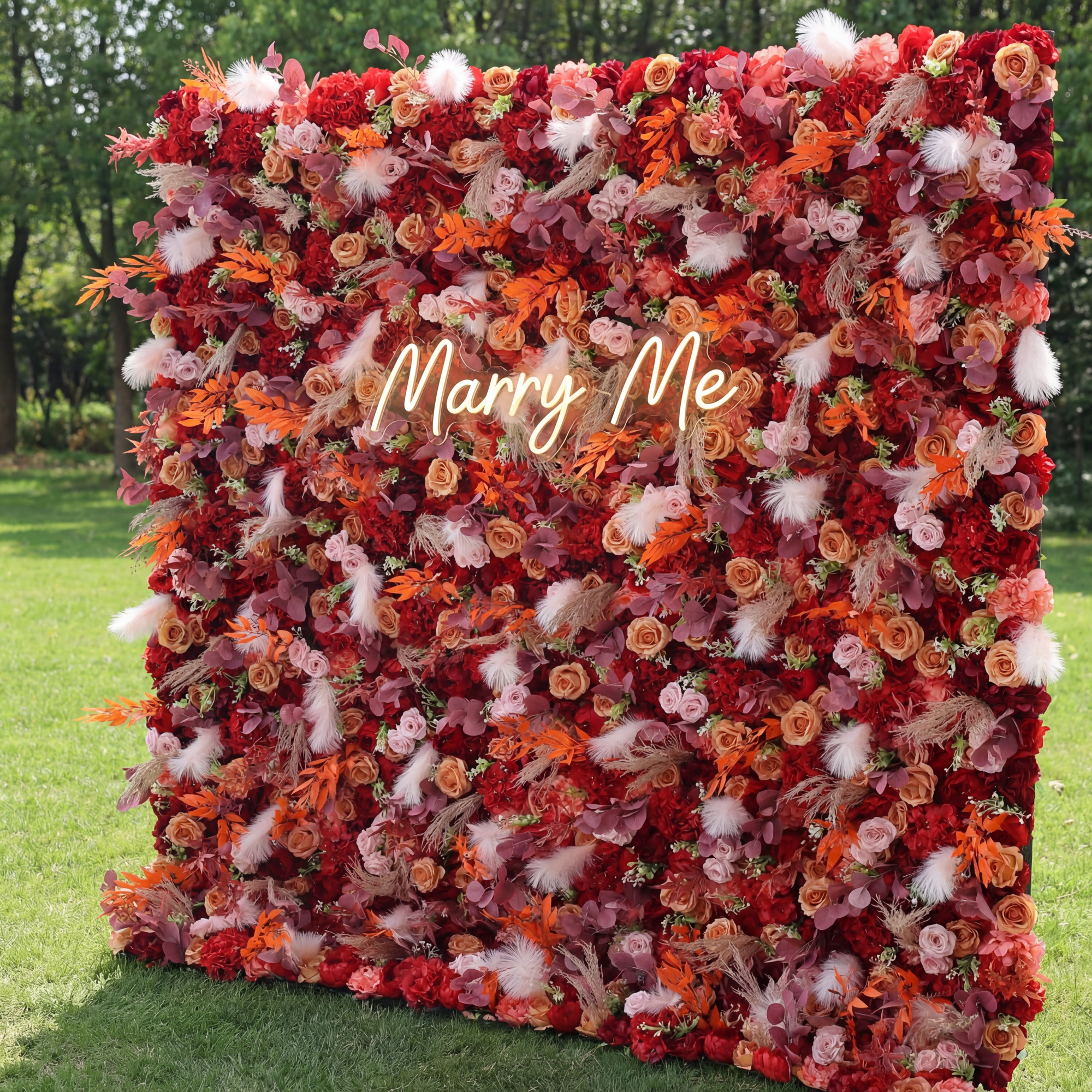 ValarFlower Artificial Floral Wall Backdrop: Fiery Florals - Passion's Palette & Feathers' Fantasy-VF-251