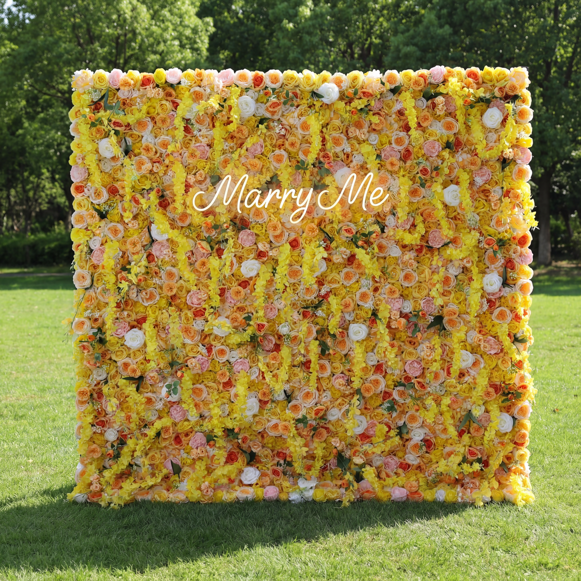 ValarFlowers Artificial Floral Wall Backdrop: Sunlit Symphony - A Radiant Cascade of Golden Blooms-VF-252