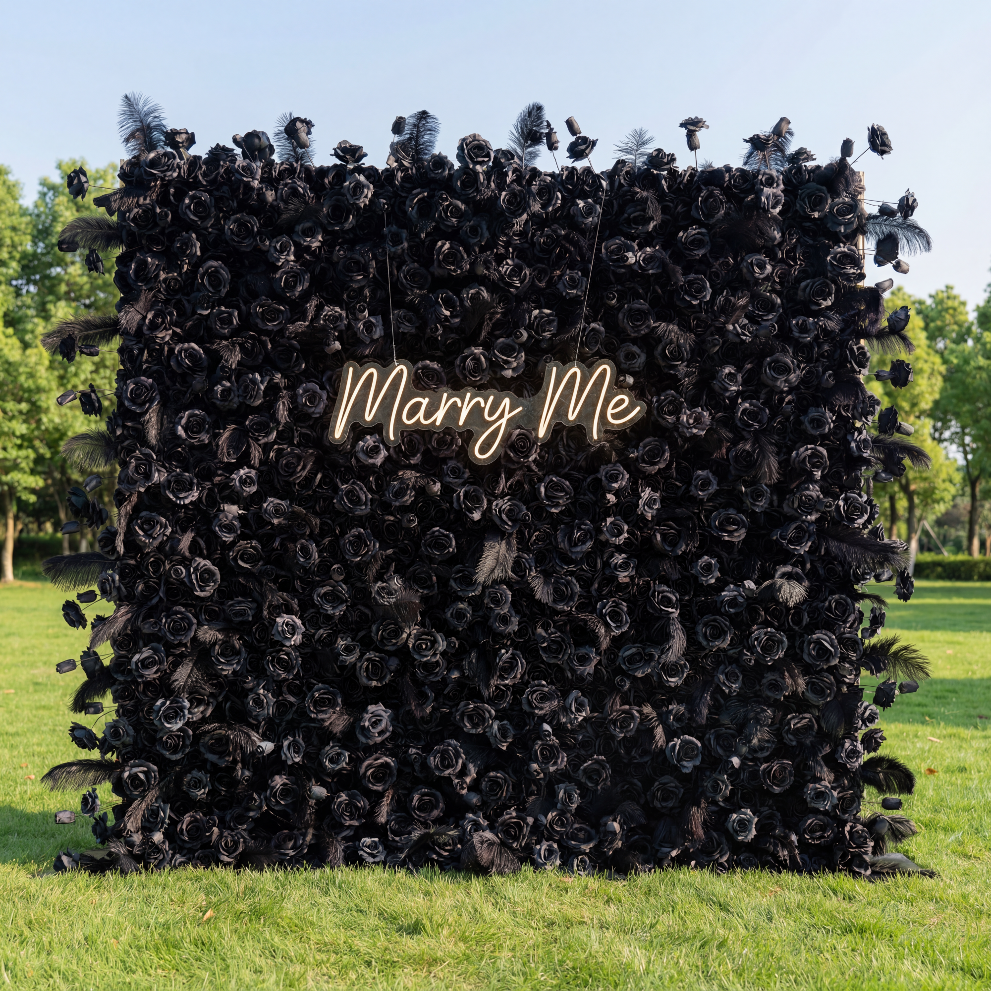 ValarFlower Artificial Floral Wall Backdrop: Black Color Rose & Feather - The Midnight Enigma Collection-VF-264