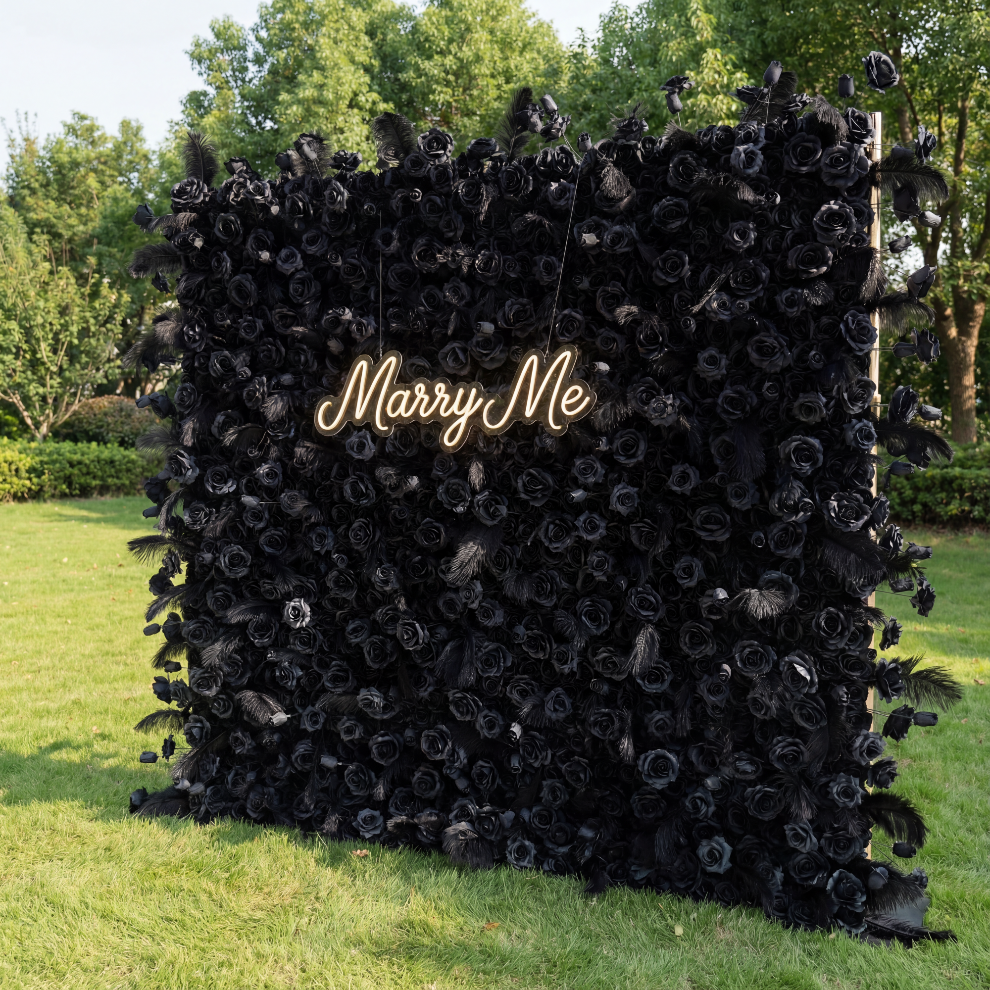 ValarFlower Artificial Floral Wall Backdrop: Black Color Rose & Feather - The Midnight Enigma Collection-VF-264