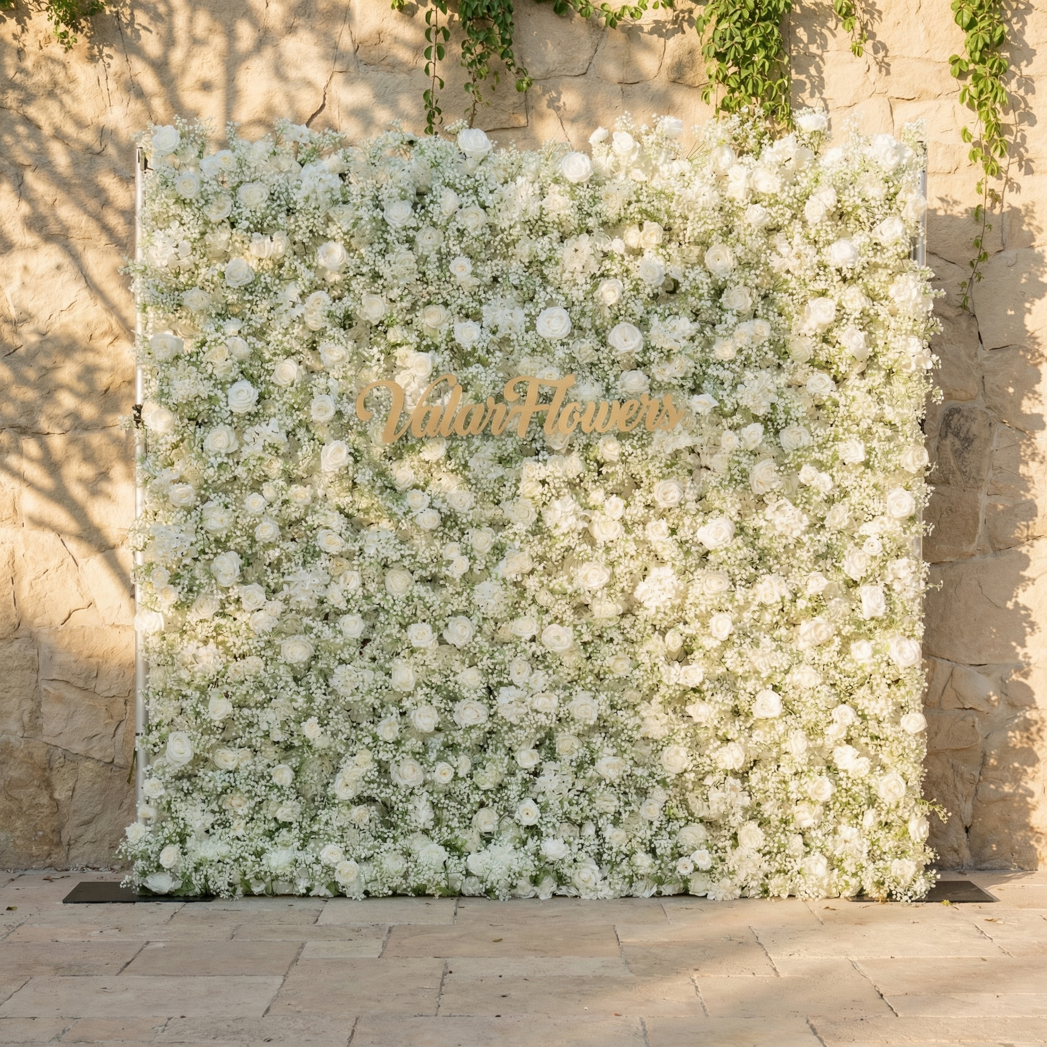 Valar Flower Artificial Floral Wall Backdrop: Serene Meadows Artificial Floral Wall Backdrop: White Rose & Baby's Breath Edition-VF-268-2