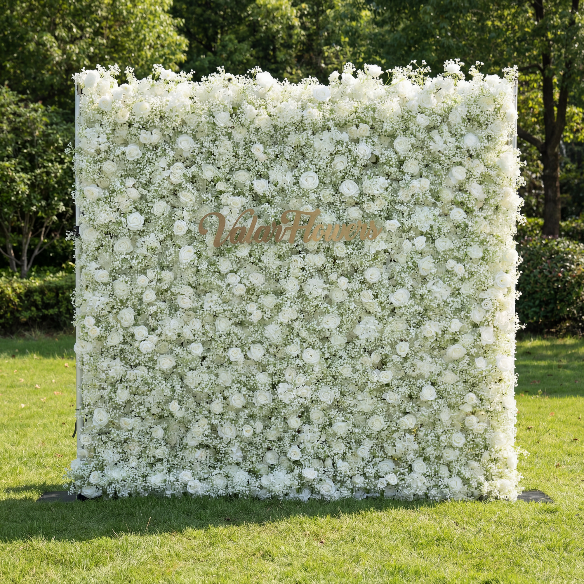 Valar Flower Artificial Floral Wall Backdrop: Serene Meadows Artificial Floral Wall Backdrop: White Rose & Baby's Breath Edition-VF-268-2