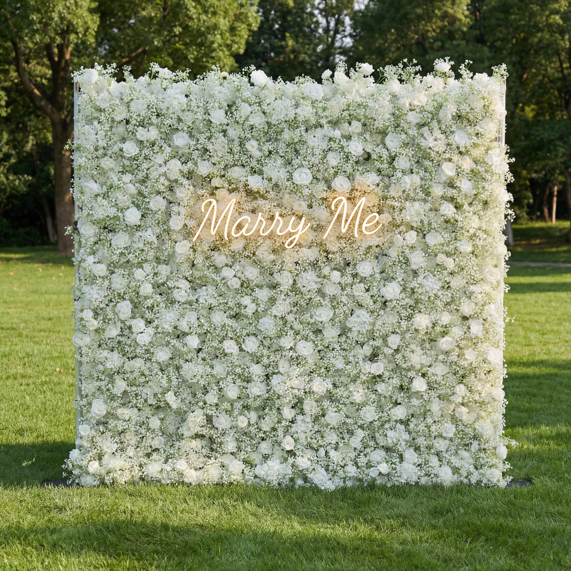 Valar Flower Artificial Floral Wall Backdrop: Serene Meadows Artificial Floral Wall Backdrop: White Rose & Baby's Breath Edition-VF-268-2