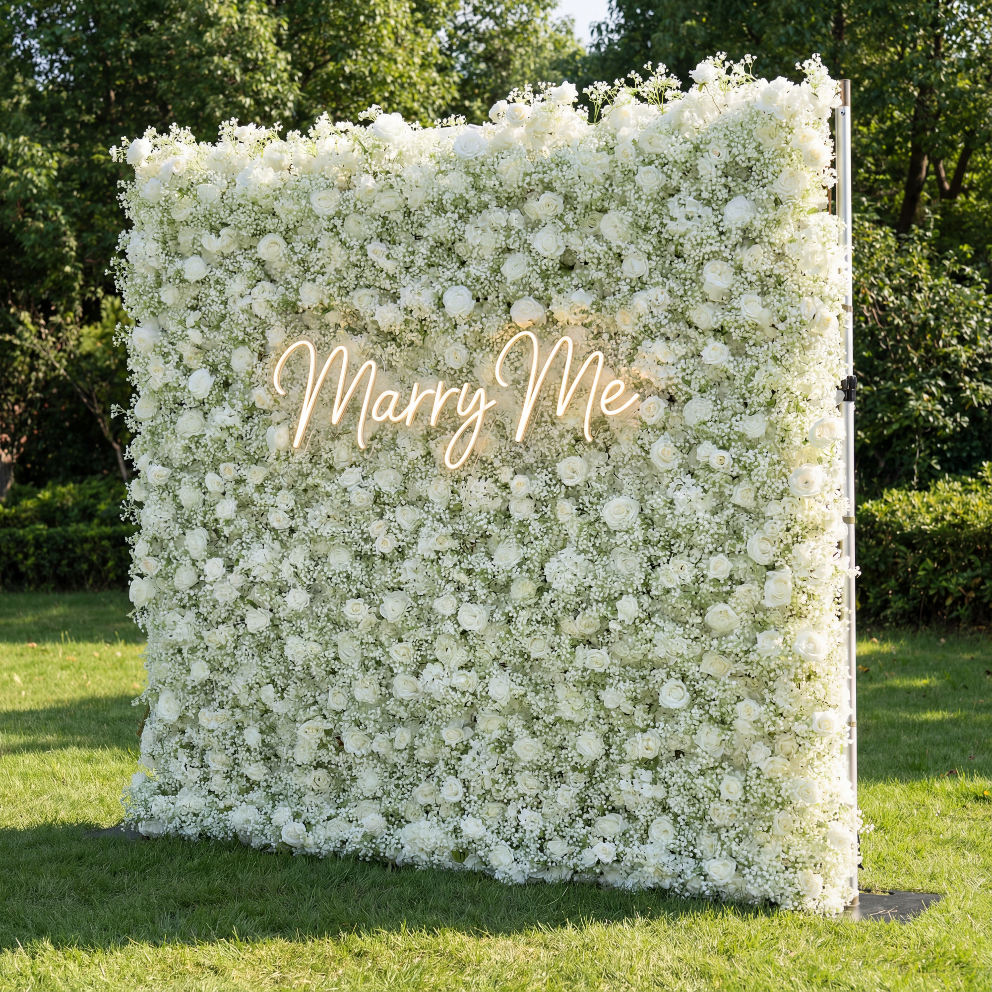 Valar Flower Artificial Floral Wall Backdrop: Serene Meadows Artificial Floral Wall Backdrop: White Rose & Baby's Breath Edition-VF-268-2
