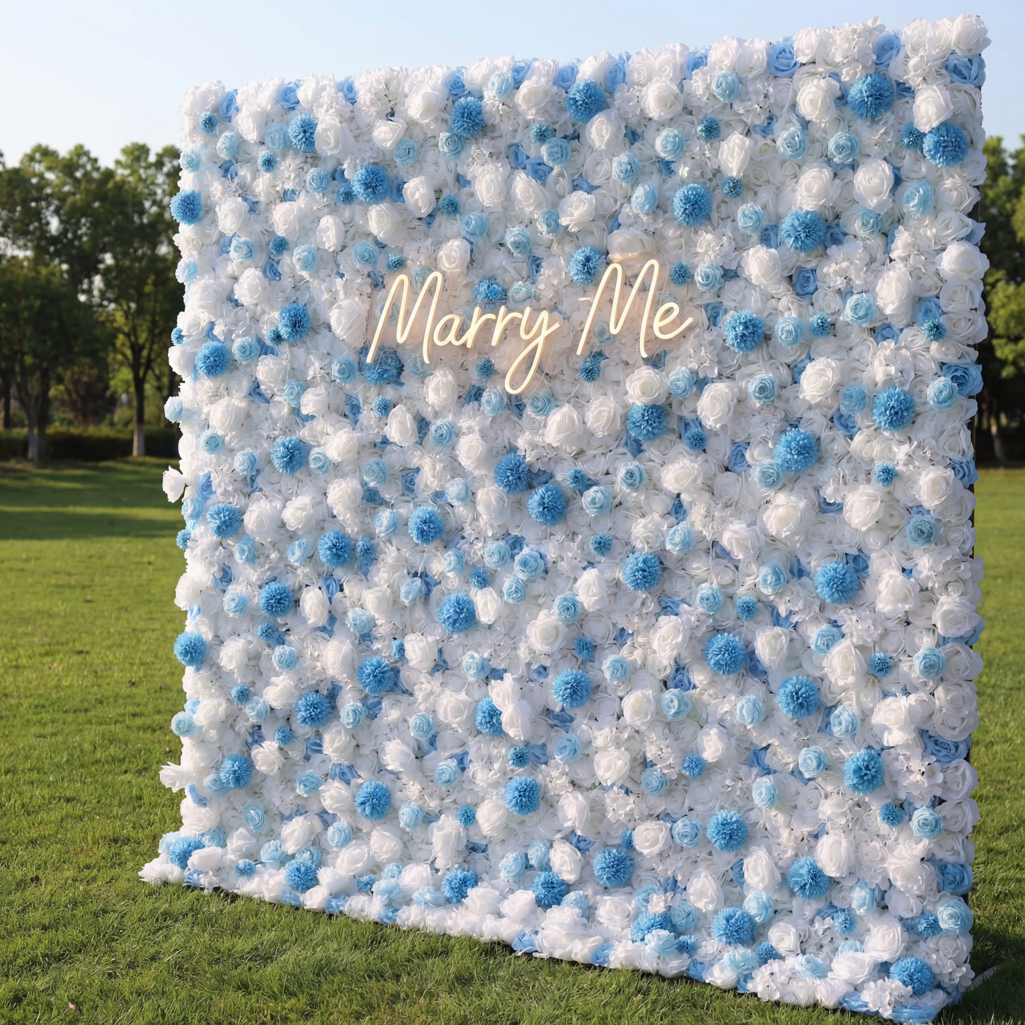 ValarFlowers Artificial Floral Wall Backdrop: Serene Seascape - Azure Blue & Ivory Bliss Edition-VF-270