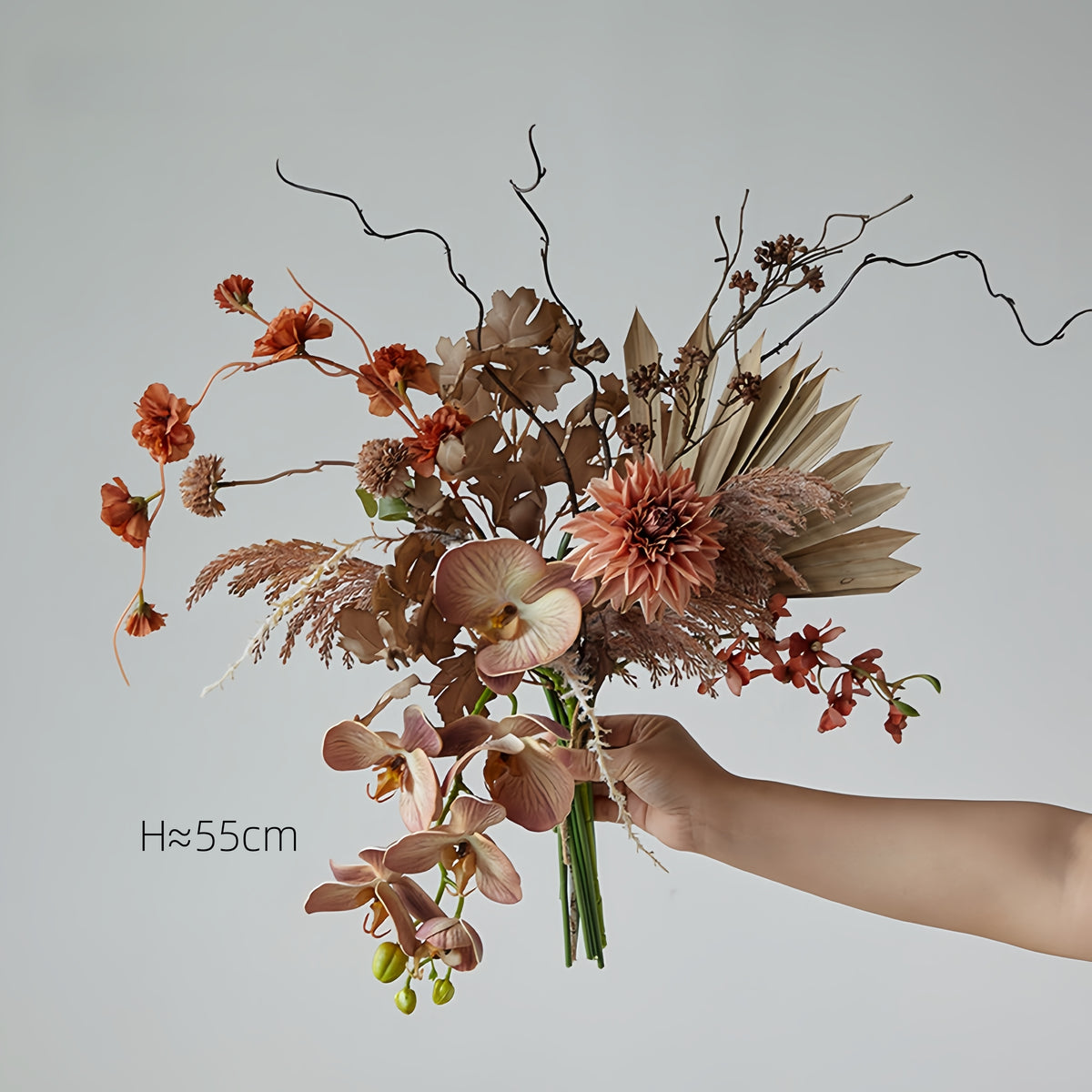 ValarFlower Boho Terracotta Artificial Bridal Bouquet, Rustic Orchid Wedding Bouquet with Pampas Grass VB-257