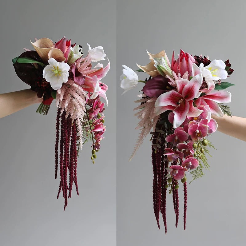 ValarFlower Cascading Orchid Bridal Bouquet, Artificial Wedding Bouquet with Calla Lily & Rose for Bride Ceremony Decor VB-317