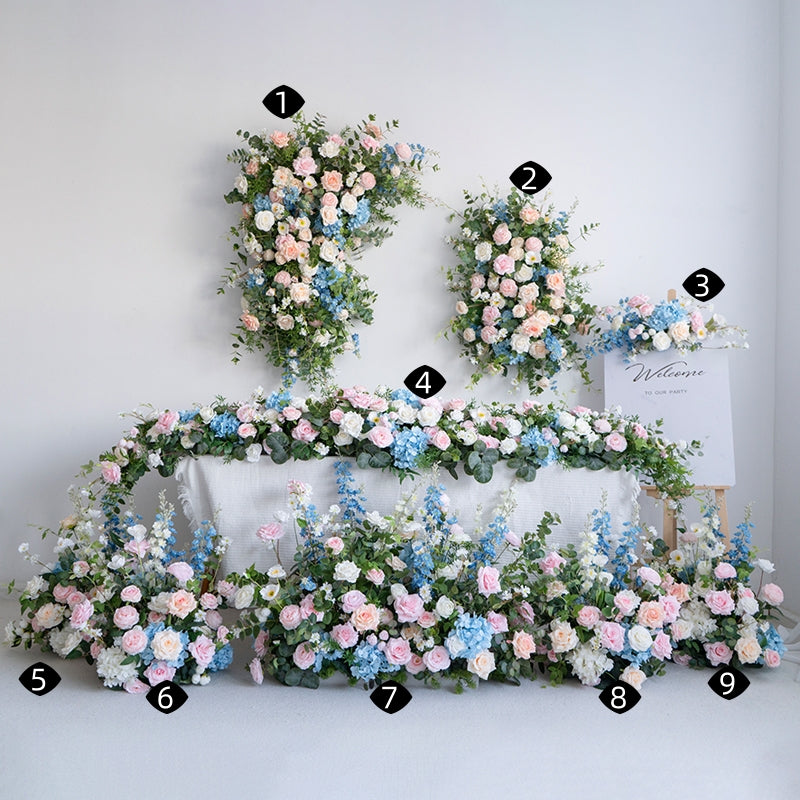 結婚式⭐︎花冠⭐︎フラワーアレンジメント エレガントな青と白の花柄ウェディングアーチ、人工花のアレンジメント