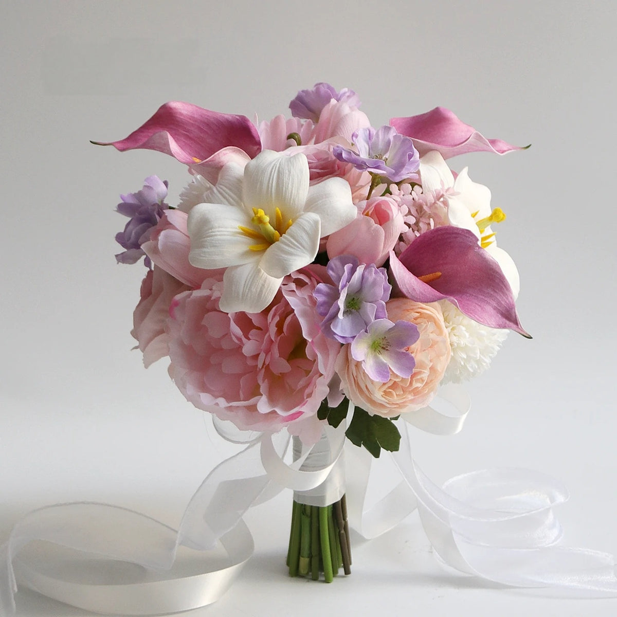 ValarFlower Artificial Bridal Bouquet, Elegant Silk Flower Wedding Bouquet with Ribbon, Romantic Handheld Floral Arrangement VB-323