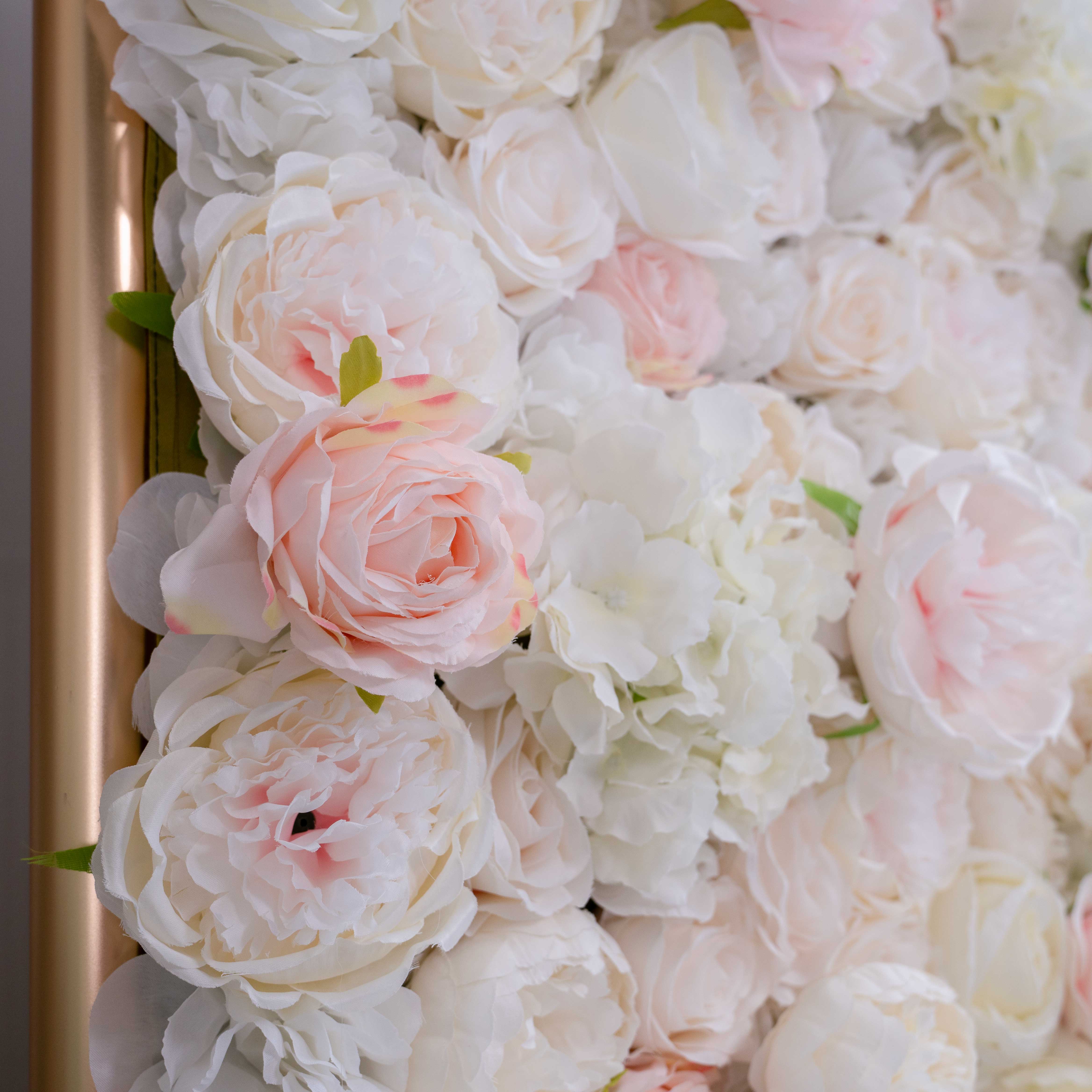 Valar Flower Roll Up Fabric Artificial Mixed White and Light Pink Rose Color Green Leaves Wall Wedding Backdrop, Floral Party Decor, Event Photography, Spa Decor-VF-090-2