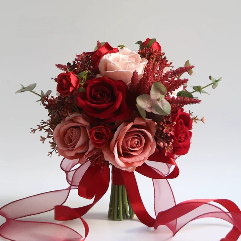 ValarFlower Artificial Bridal Bouquet, Romantic Rose Wedding Bouquet with Ribbon, Vintage Floral Arrangement for Bride Ceremony VB-322