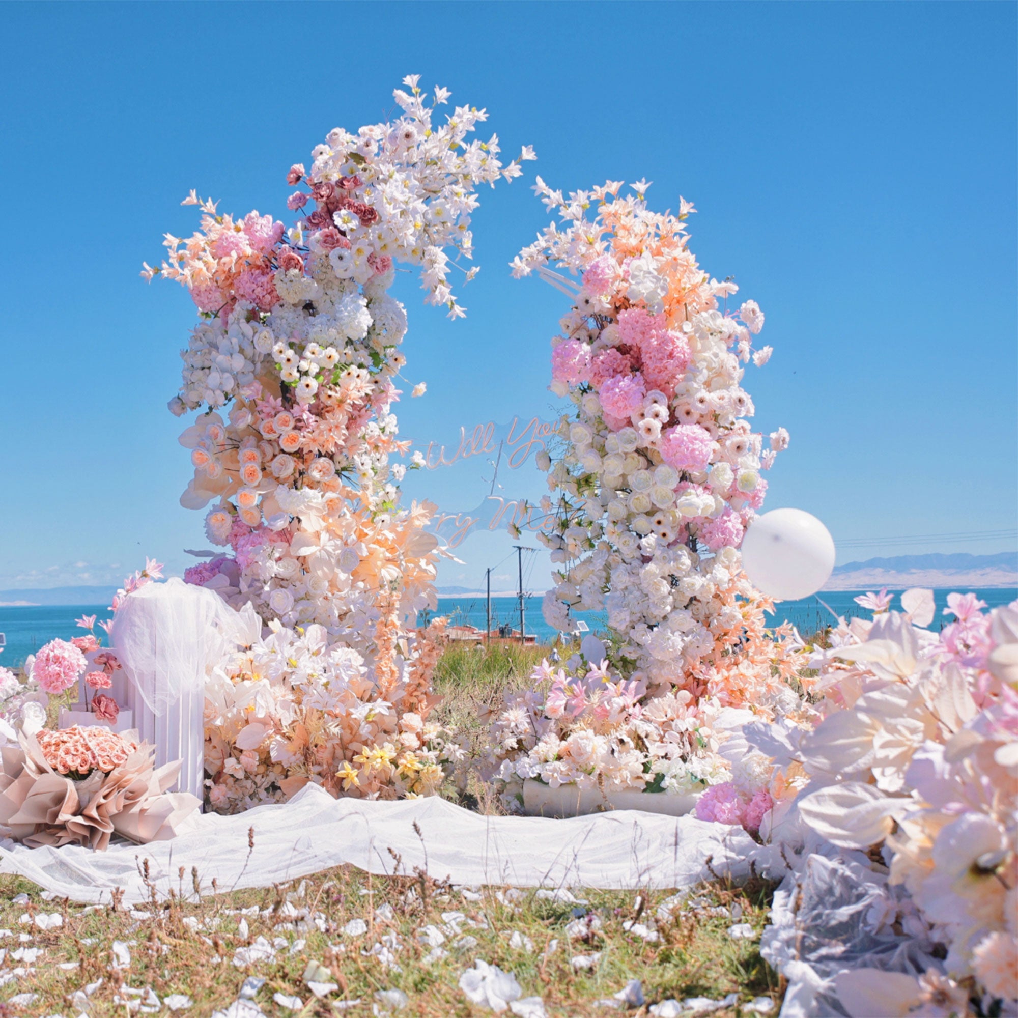 Valar Flower Wedding Moon Shaped Floral Arch 6*7ft - Stunning Pink Color Artificial Flower Arrangement Backdrop VA-106