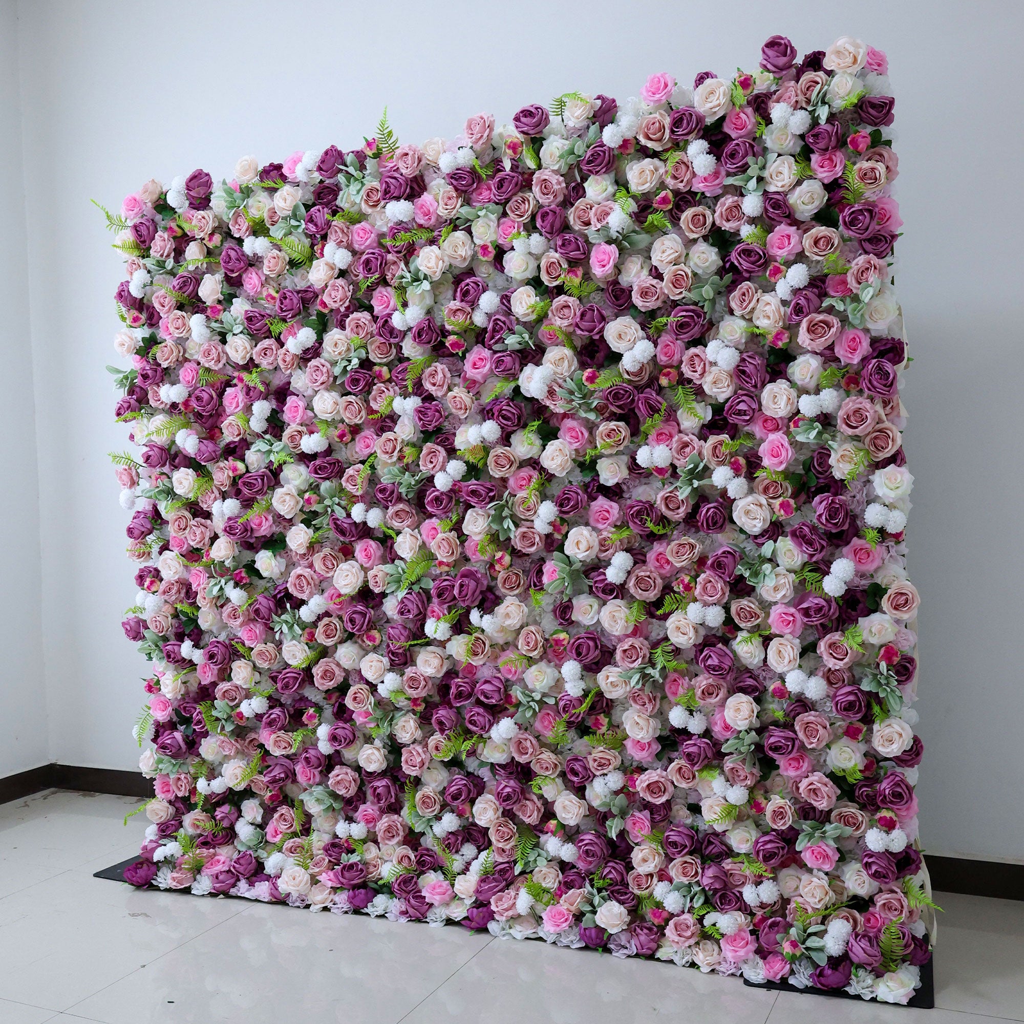 Handcrafted 5D artificial flower wall backdrop with a blend of purple, blush, and cream roses, accented by green foliage. Ideal for weddings, romantic events, and photoshoots, creating an elegant and enchanting atmosphere.VF-411-2