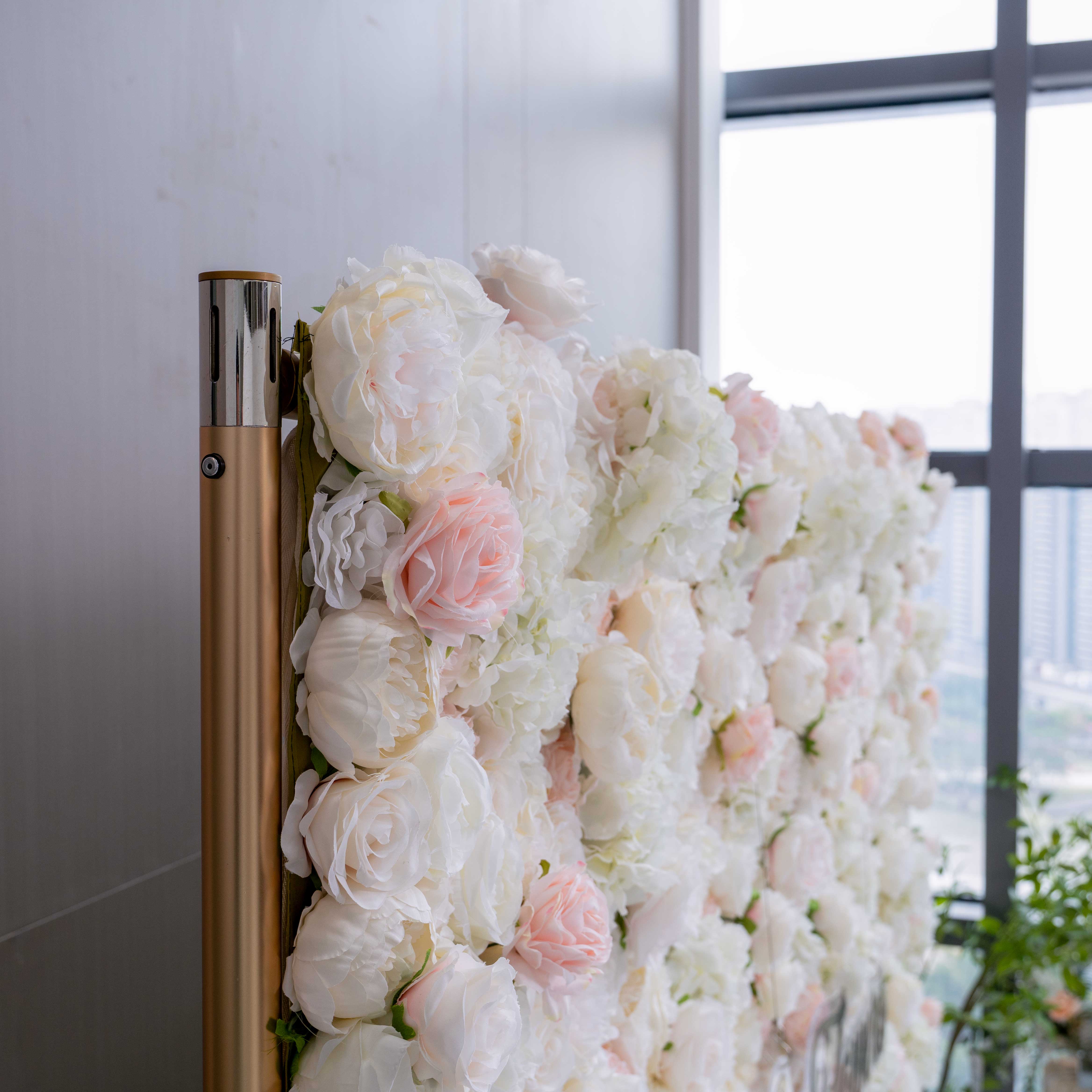 Valar Flower Roll Up Fabric Artificial Mixed White and Light Pink Rose Color Green Leaves Wall Wedding Backdrop, Floral Party Decor, Event Photography, Spa Decor-VF-090-2