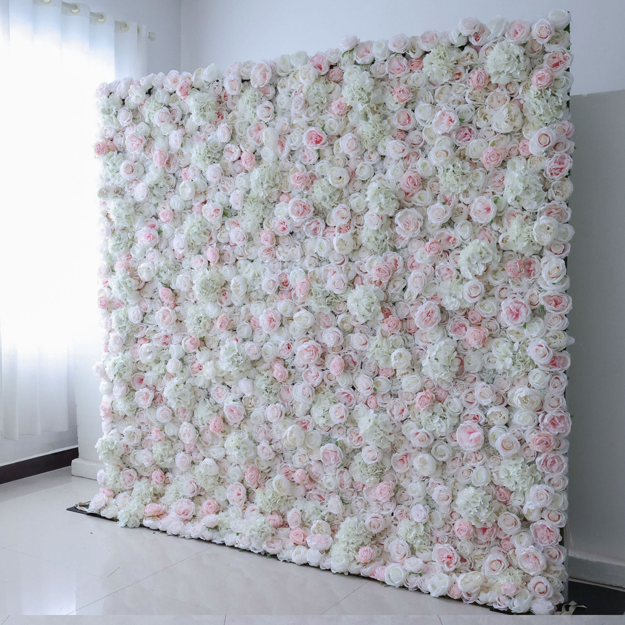 Valar Flower Roll Up Fabric Artificial Mixed White and Light Pink Rose Color Green Leaves Wall Wedding Backdrop, Floral Party Decor, Event Photography, Spa Decor-VF-090-2