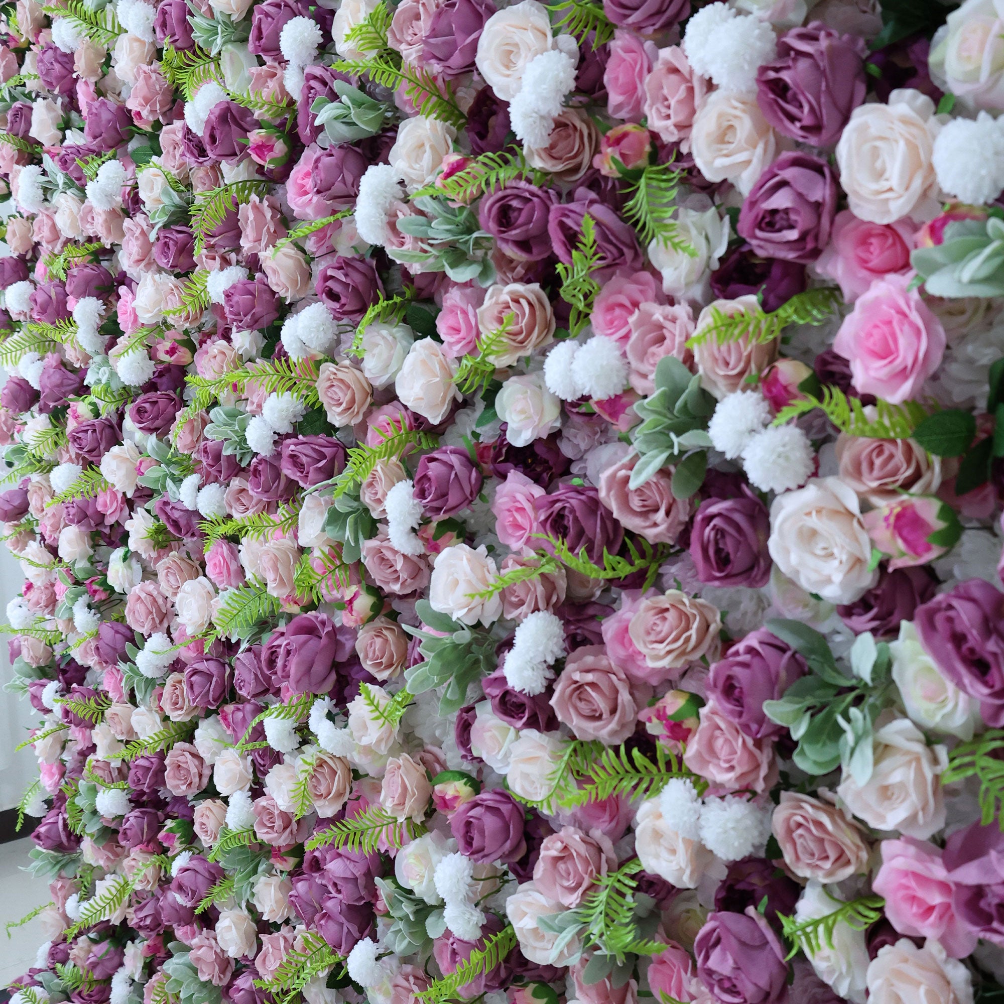 Handcrafted 5D artificial flower wall backdrop with a blend of purple, blush, and cream roses, accented by green foliage. Ideal for weddings, romantic events, and photoshoots, creating an elegant and enchanting atmosphere.VF-411-4