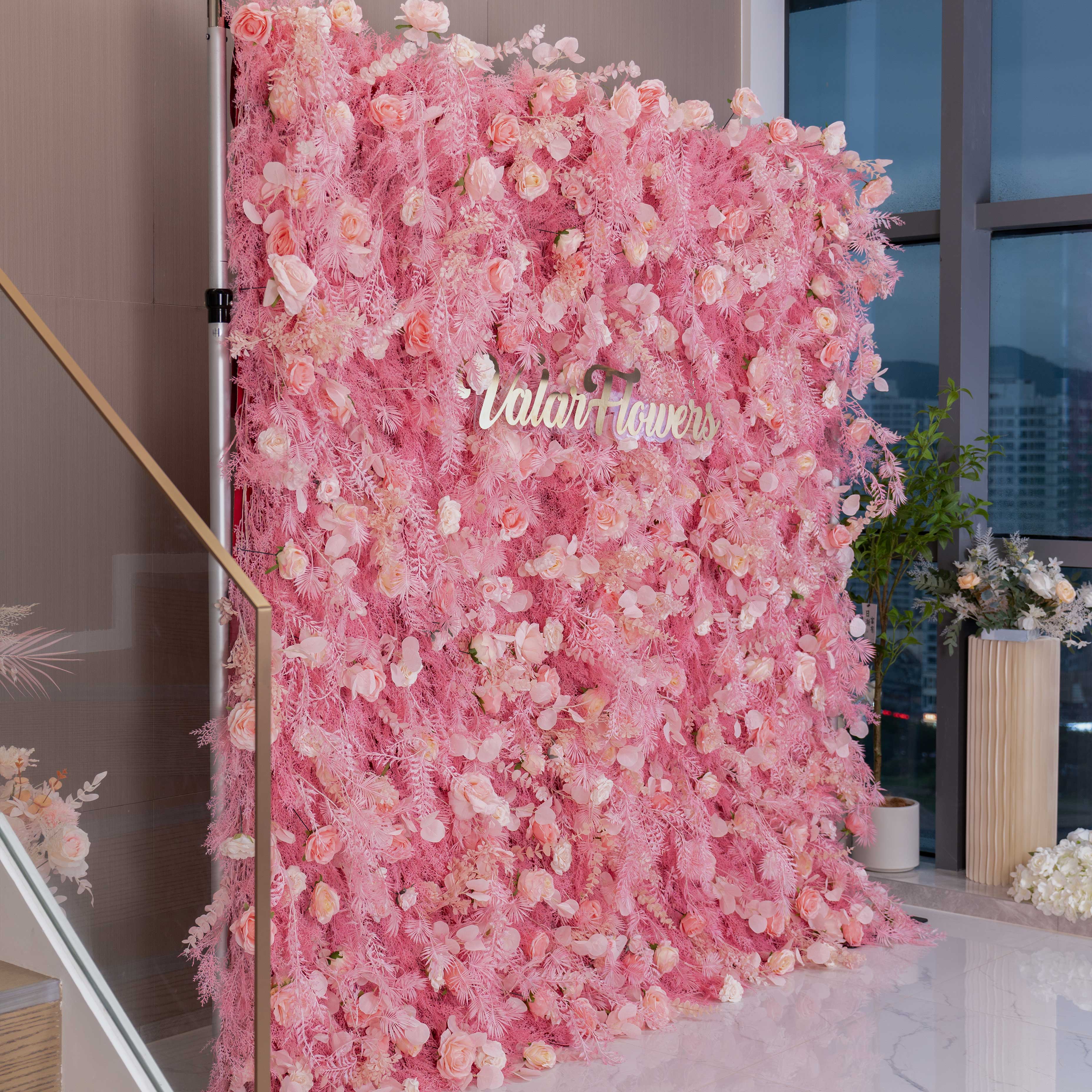 Blushing Pink Blossom Wall with Frosted Fern Accents: Romance Meets Whimsy for Sophisticated Celebrations-VF-202-4