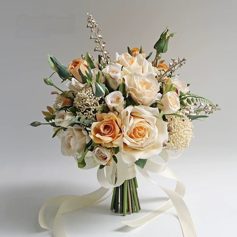 ValarFlower Artificial Bridal Bouquet, Elegant Silk Flower Wedding Bouquet with Ribbon, Romantic Handheld Floral Arrangement VB-323
