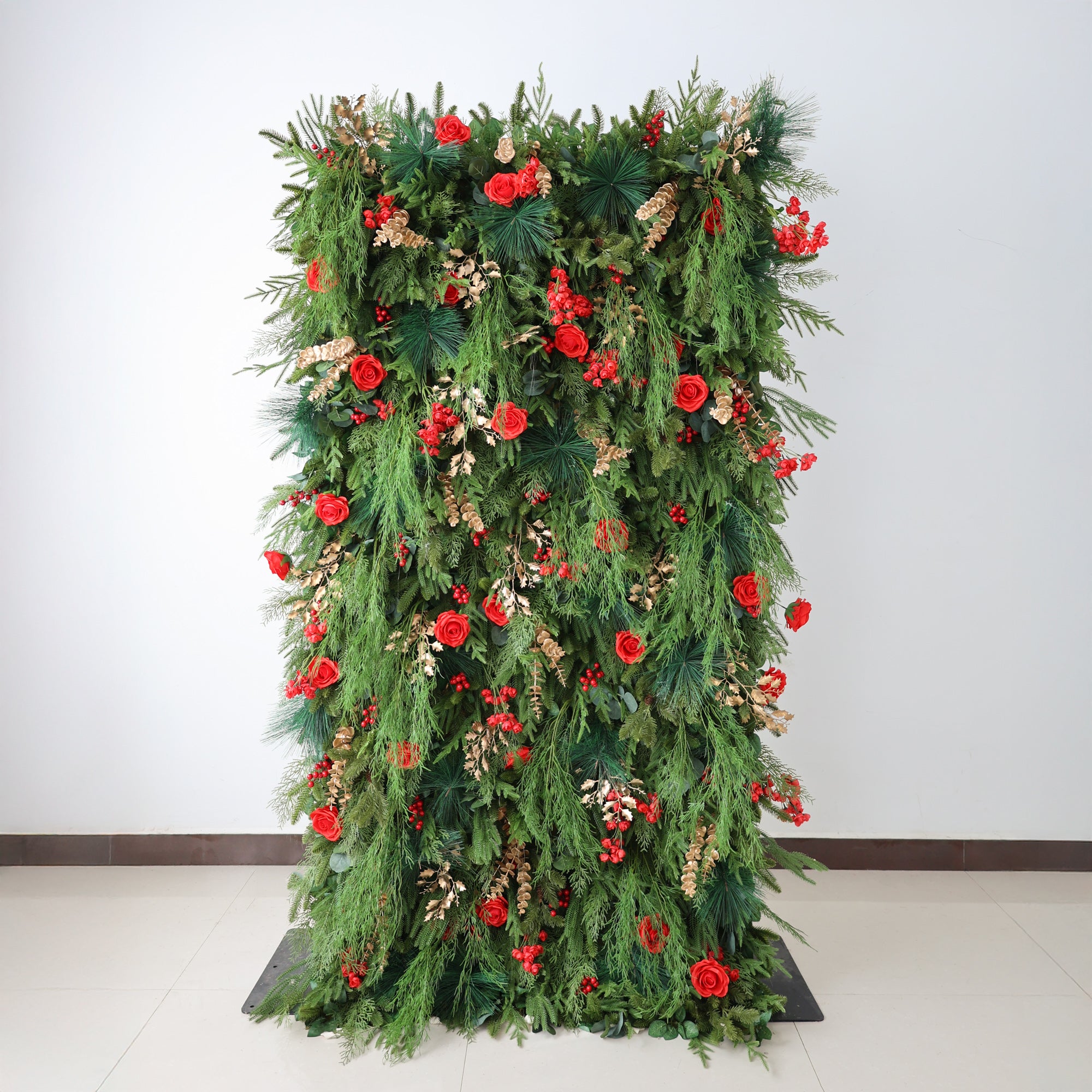 Valar Flower Christmas Themed Floral Wall Backdrop: Festive Evergreen & Red Rose Masterpiece for Holiday Events & Decor-VF-491-2