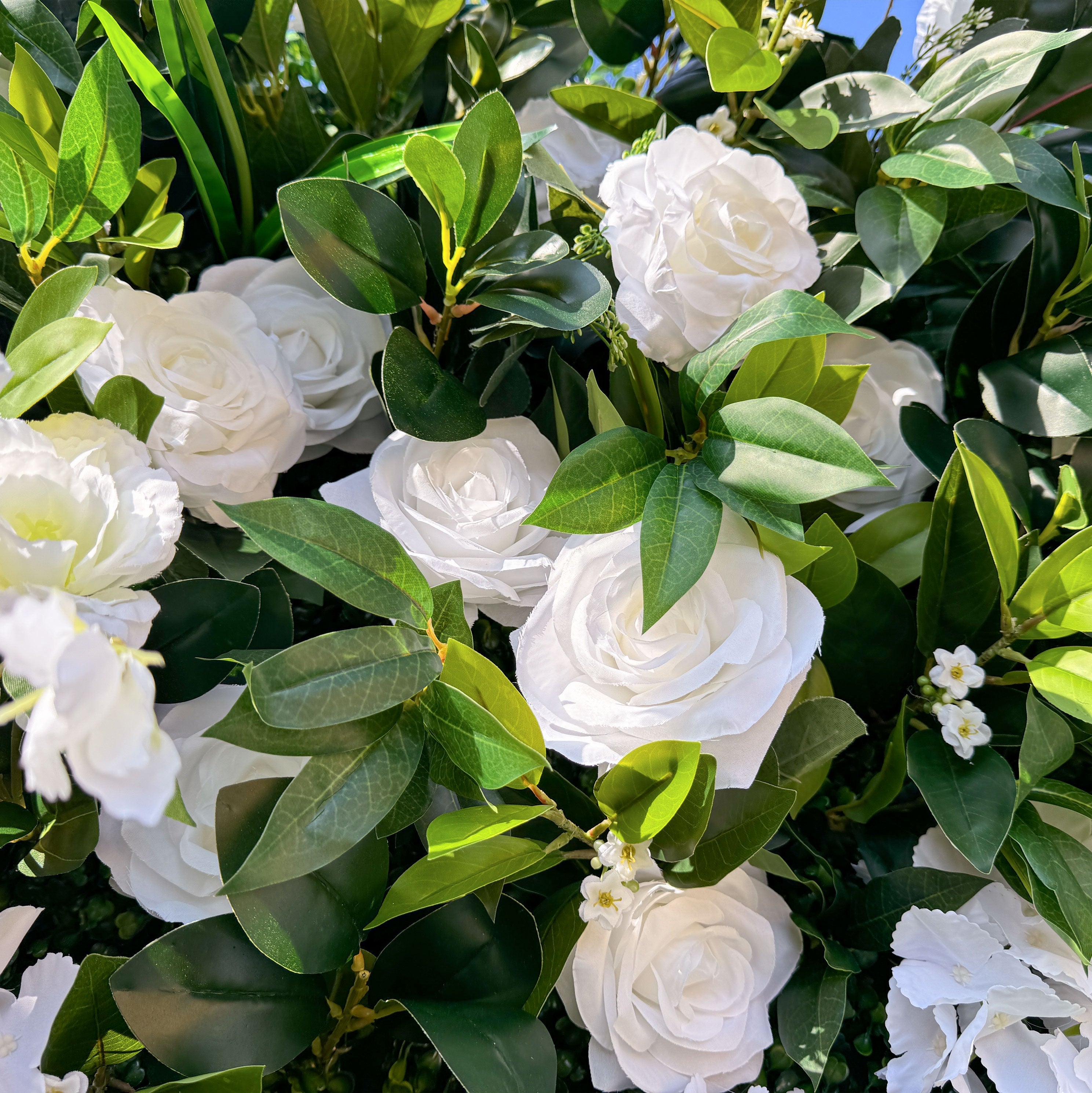 This image also features a close - up of a flower wall. The wall is filled with white roses and green leaves. The roses are numerous and well - formed, giving a rich and opulent look. Among the roses, there are small white flowers that add to the density and complexity of the floral display. The green leaves are abundant, enhancing the overall lushness of the flower wall.