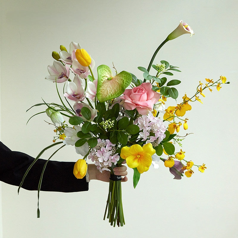 ValarFlower Colorful Artificial Bridal Bouquet, Tropical Wedding Bouquet with Orchid, Rose and Calla Lily VB-256