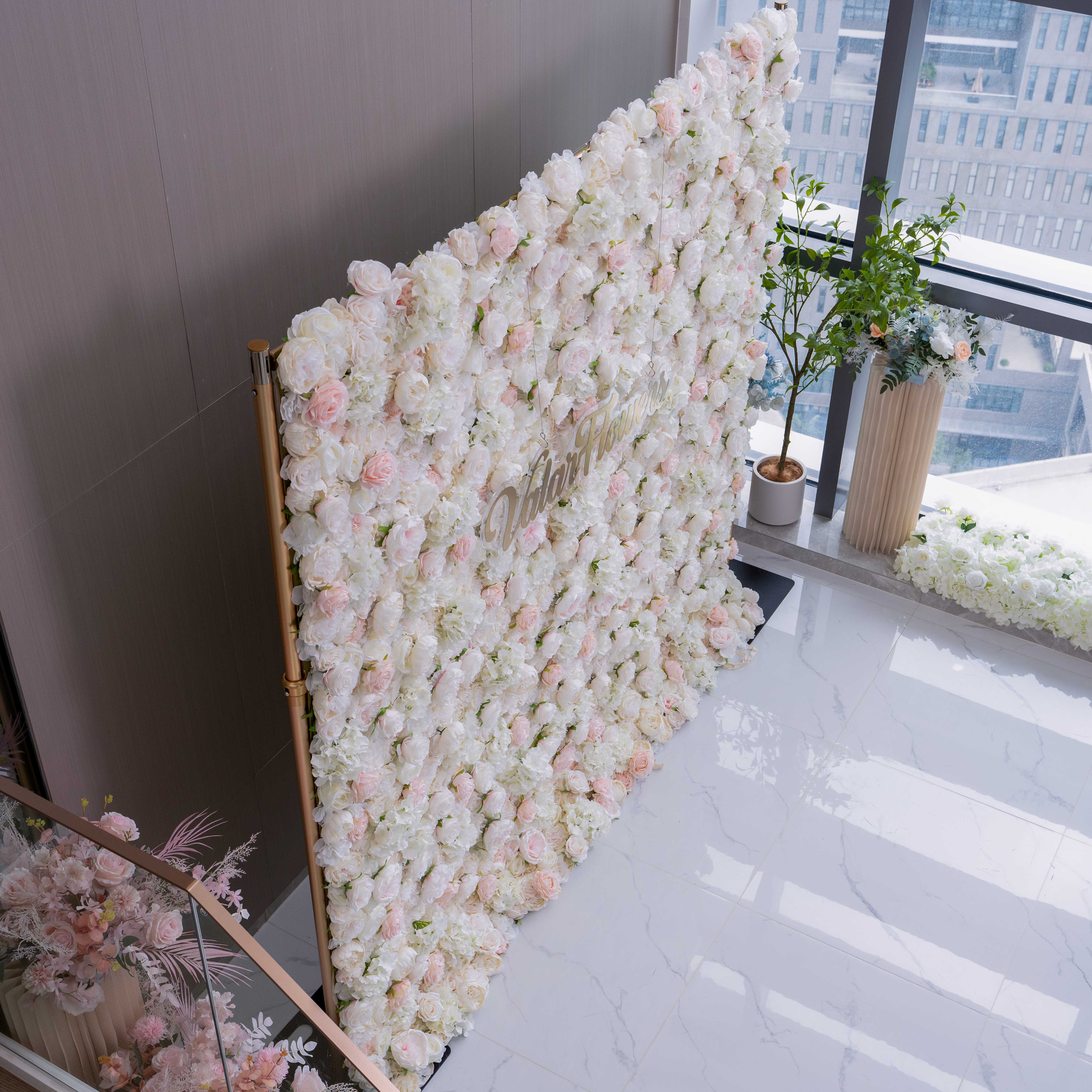 Valar Flower Roll Up Fabric Artificial Mixed White and Light Pink Rose Color Green Leaves Wall Wedding Backdrop, Floral Party Decor, Event Photography, Spa Decor-VF-090-2