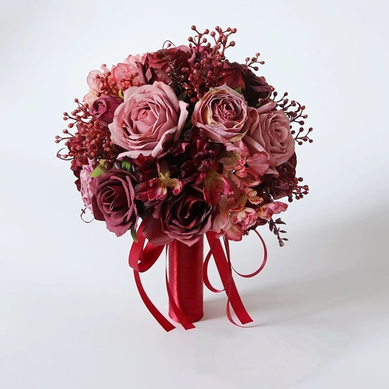 ValarFlower Artificial Bridal Bouquet, Romantic Rose Wedding Bouquet with Ribbon, Vintage Floral Arrangement for Bride Ceremony VB-322
