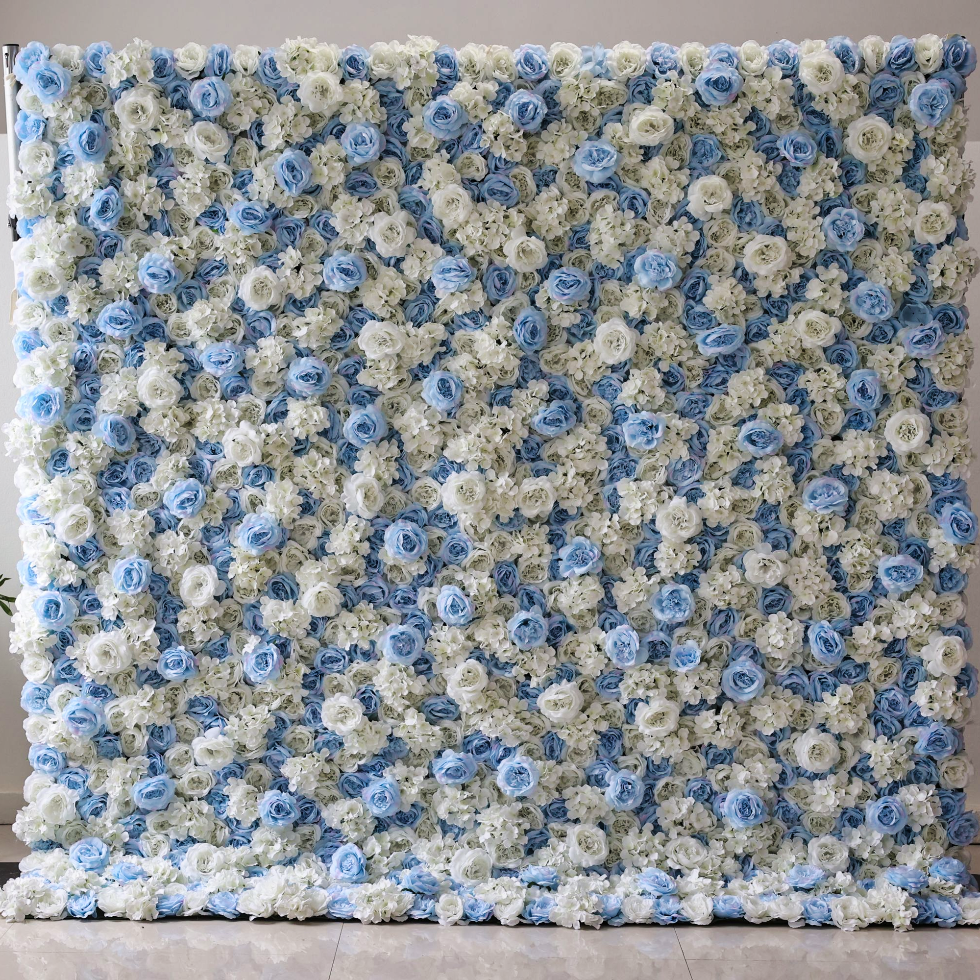 Valar Flowers Roll Up Fabric Artificial Flower Baby Blue and White Wall Wedding Backdrop, Floral Party Decor, Event Photography-VF-025