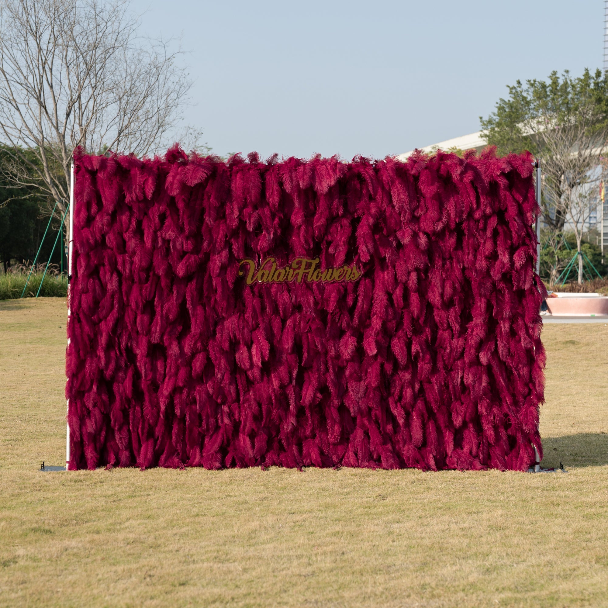 Burgundy Red Ostrich Feather Wall Backdrop - Roll-Up Fabric Wall - Bridal Party Decor - Wedding Venues Celebration Floral Wall-VF-964-5