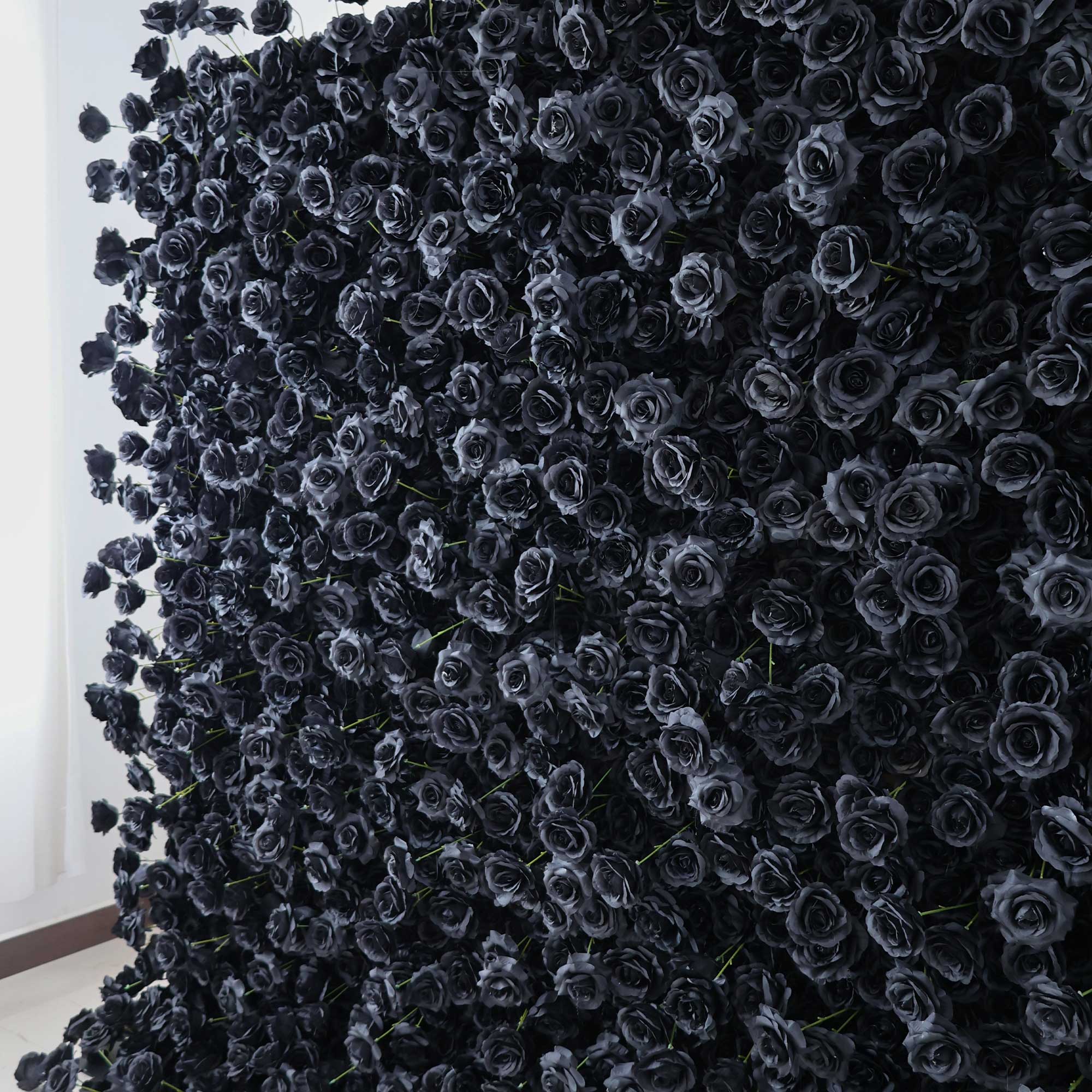 Handcrafted 5D artificial flower wall backdrop with deep black roses, set against a light background. Perfect for weddings, themed events, and stylish photoshoots, creating a bold and mysterious setting VF-404-3-3