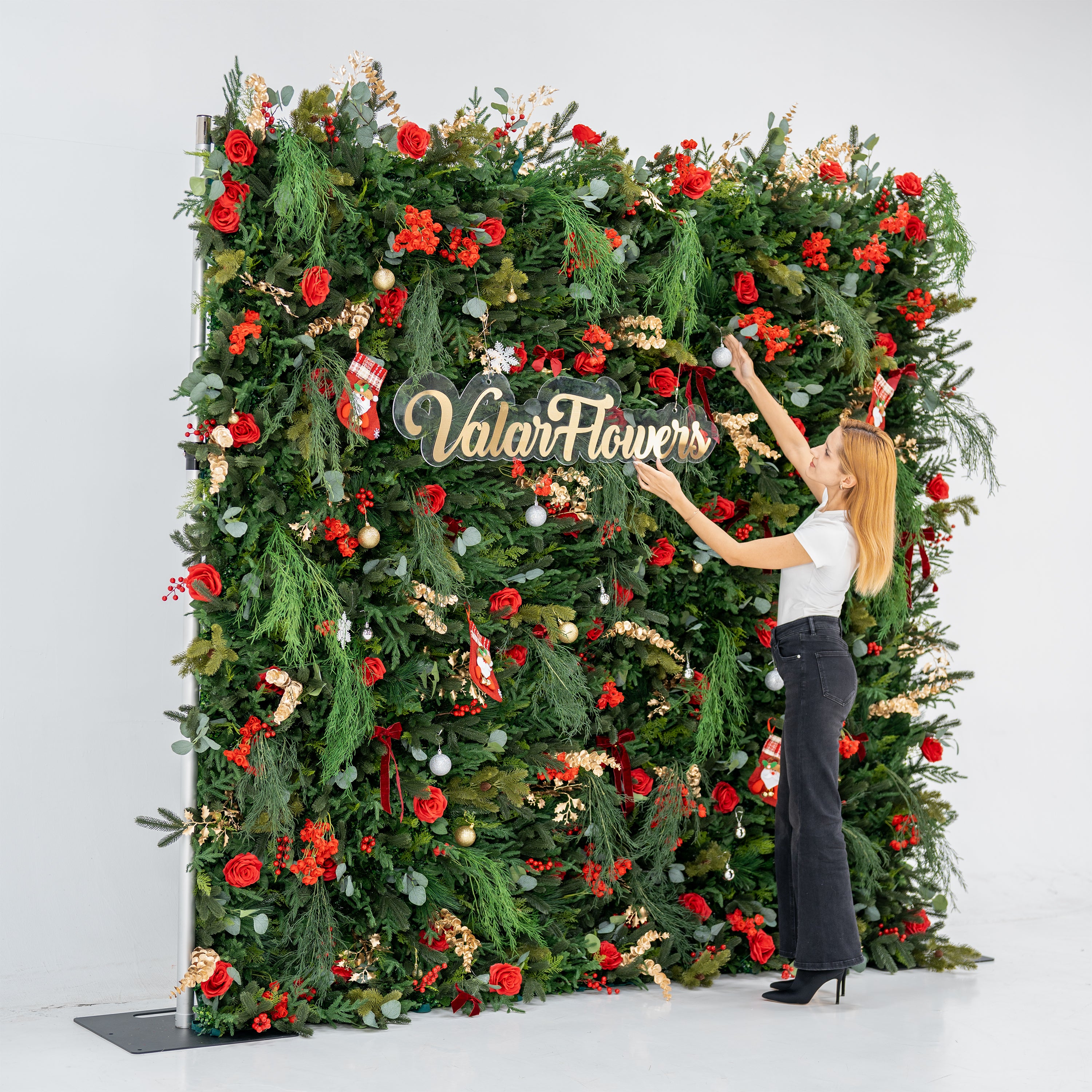 Valar Flower Christmas Themed Floral Wall Backdrop: Festive Evergreen & Red Rose Masterpiece for Holiday Events & Decor-VF-491-2