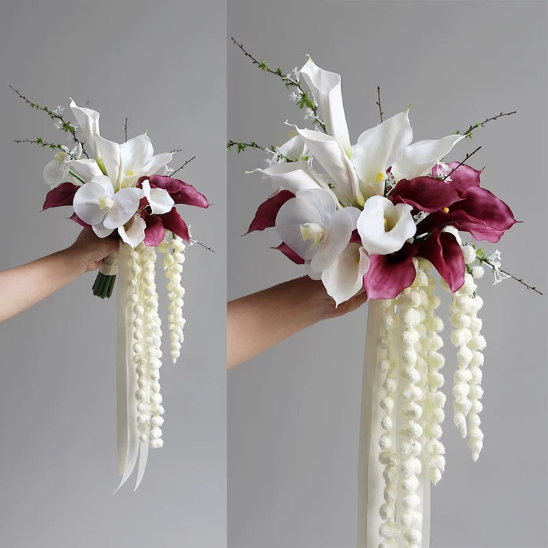 ValarFlower Cascading Orchid Bridal Bouquet, Artificial Wedding Bouquet with Calla Lily & Rose for Bride Ceremony Decor VB-317