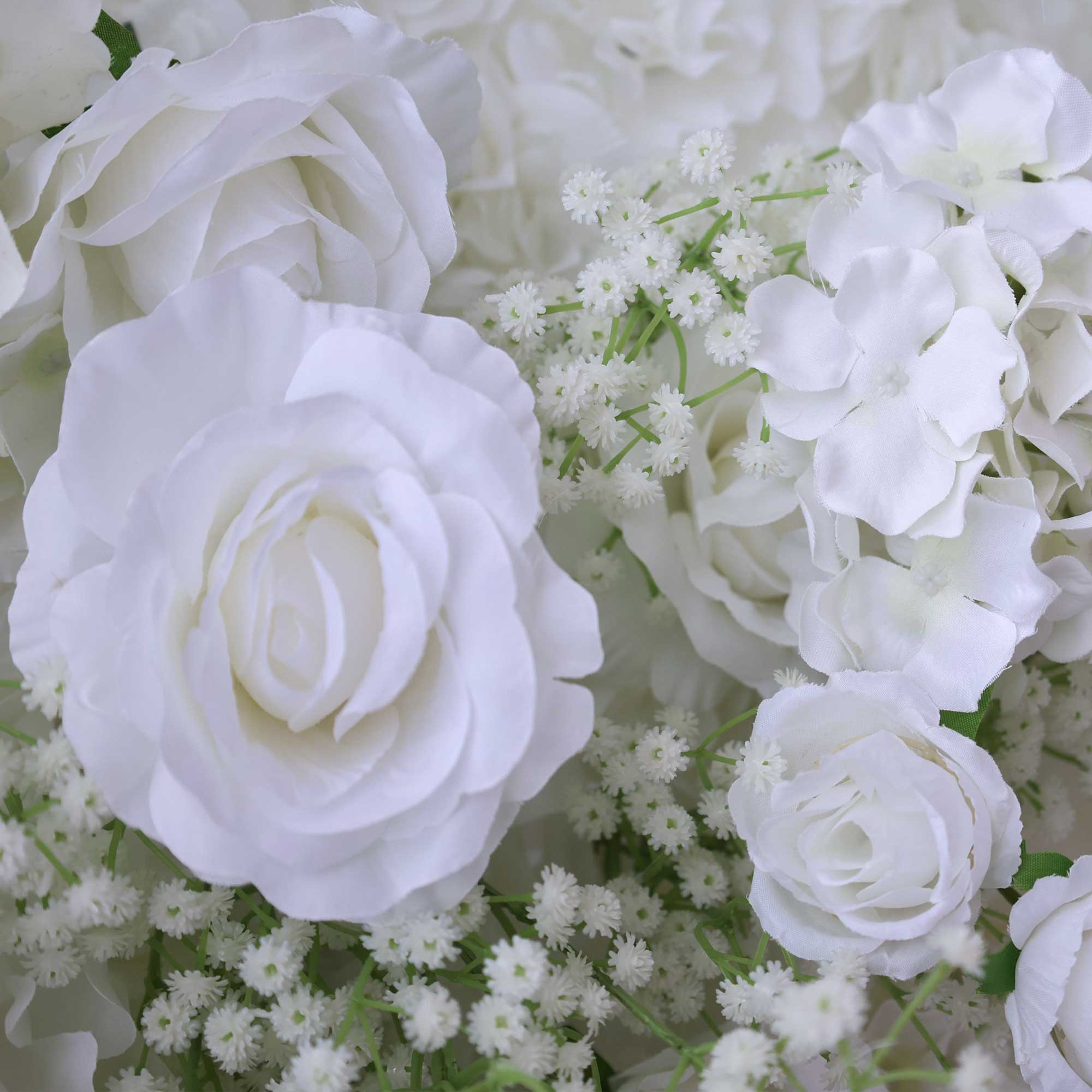 Handcrafted 5D artificial flower wall backdrop with delicate white roses and baby’s breath, set against a light background. Ideal for wedding decor, engagement party decor, and bridal showers, adding a soft, elegant ambiance for photoshoots and special events. VF-419-5