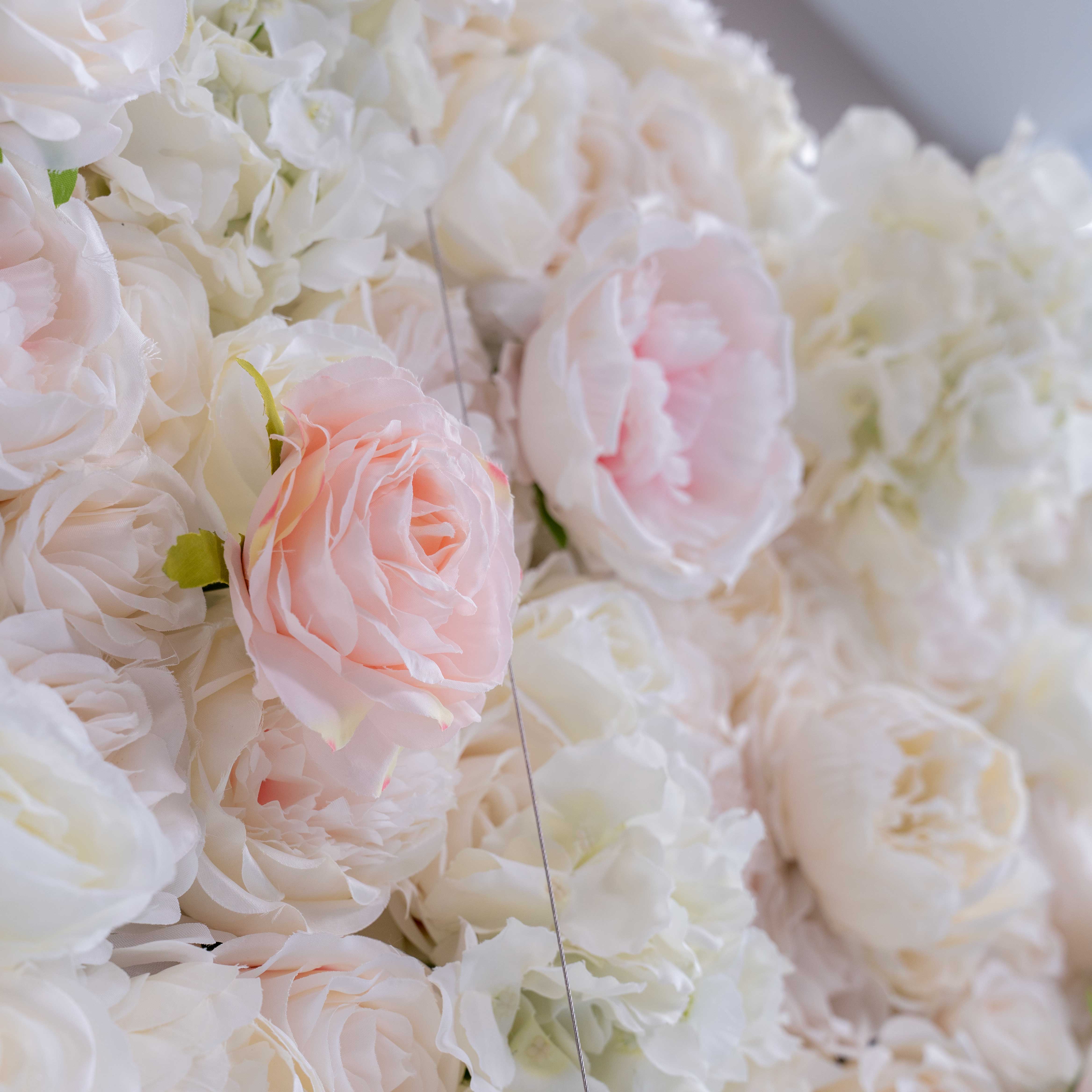 Valar Flower Roll Up Fabric Artificial Mixed White and Light Pink Rose Color Green Leaves Wall Wedding Backdrop, Floral Party Decor, Event Photography, Spa Decor-VF-090-2