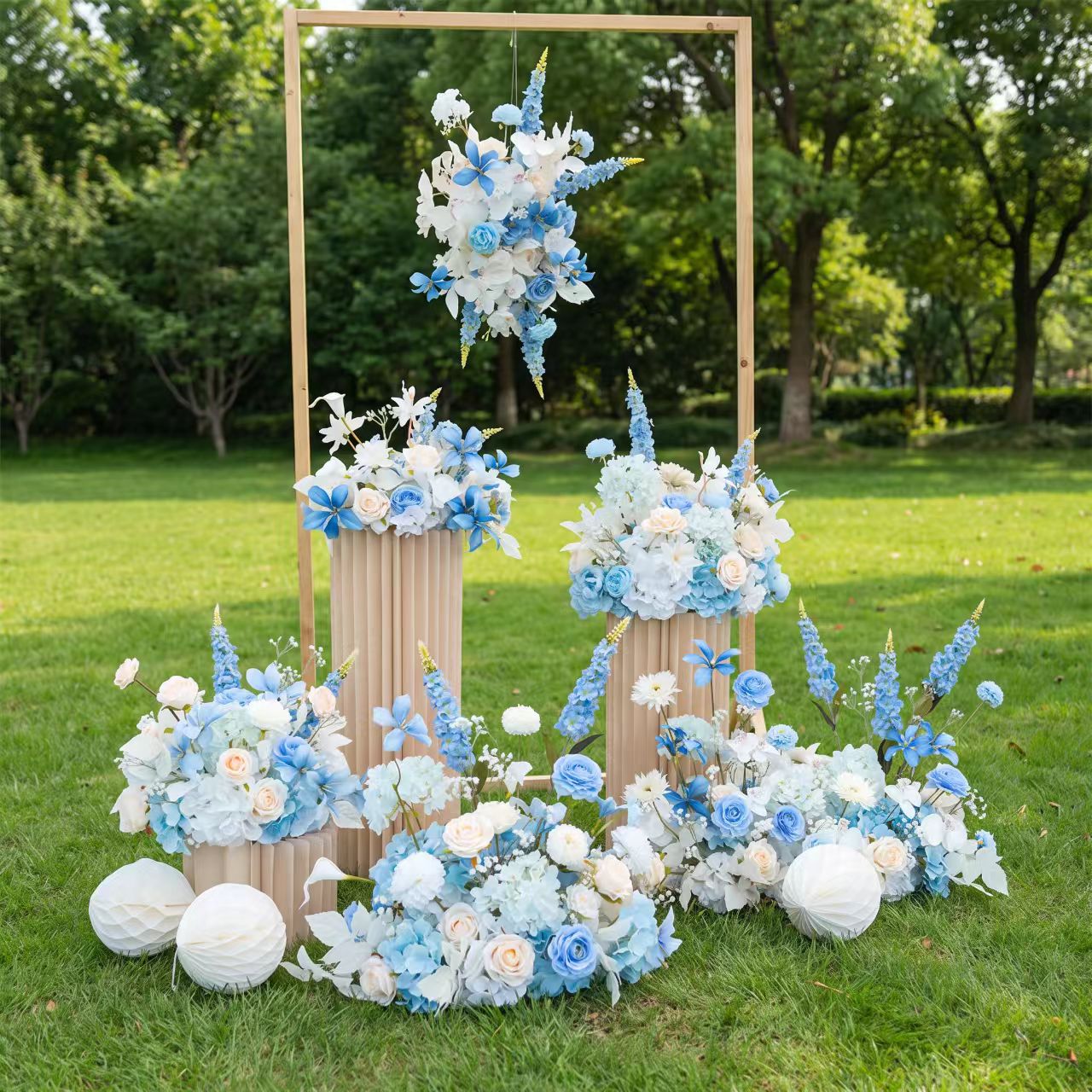 ValarFlower Luxury Artificial Wedding Floral Installation Set, Blue & White Faux Flower Decor, Ceremony Backdrop Arrangement, Event Venue Decoration FA-356