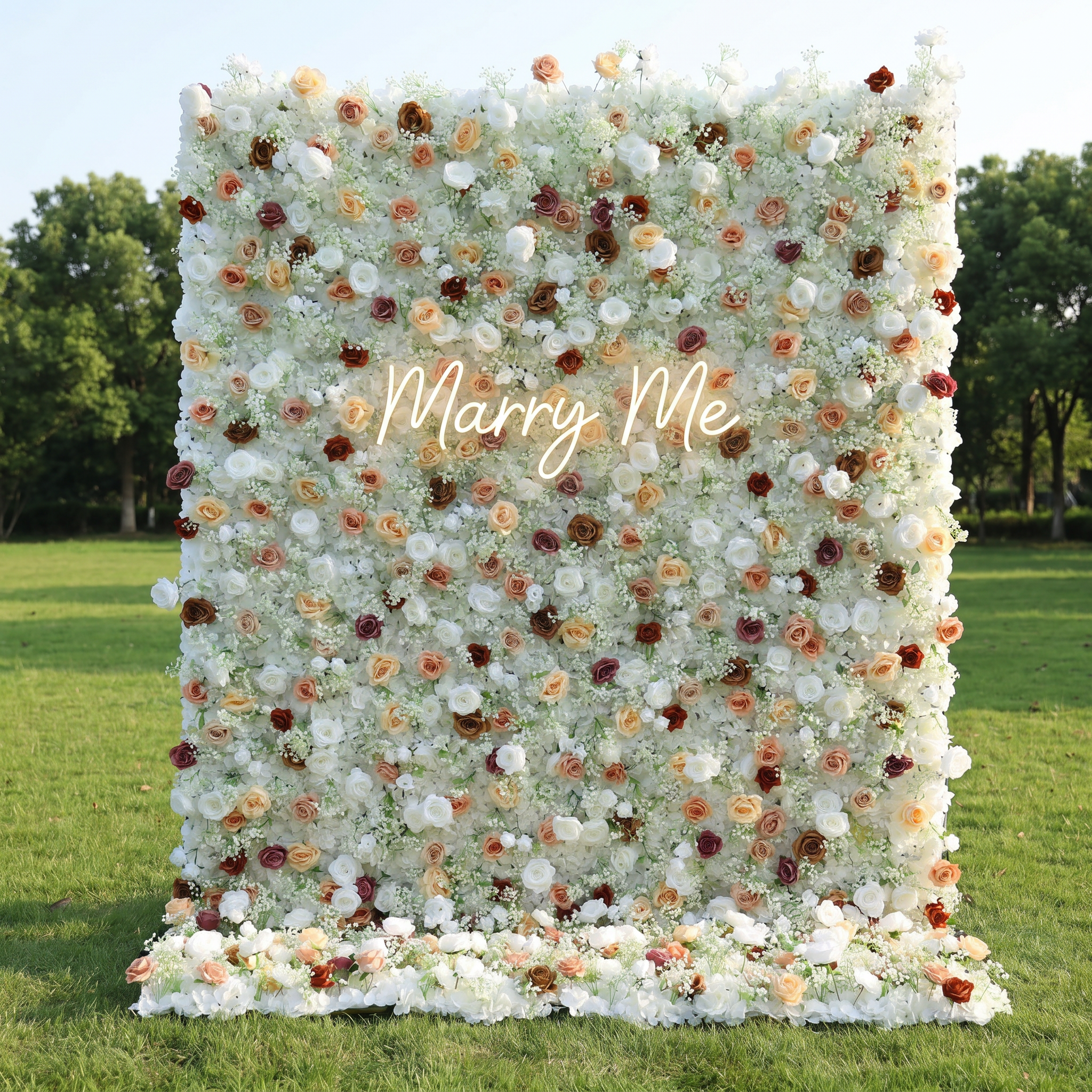 ValarFlower Ivory White Artificial Flower Wall Backdrop, Elegant Wedding Decor with Champagne Rose Accents VF-682